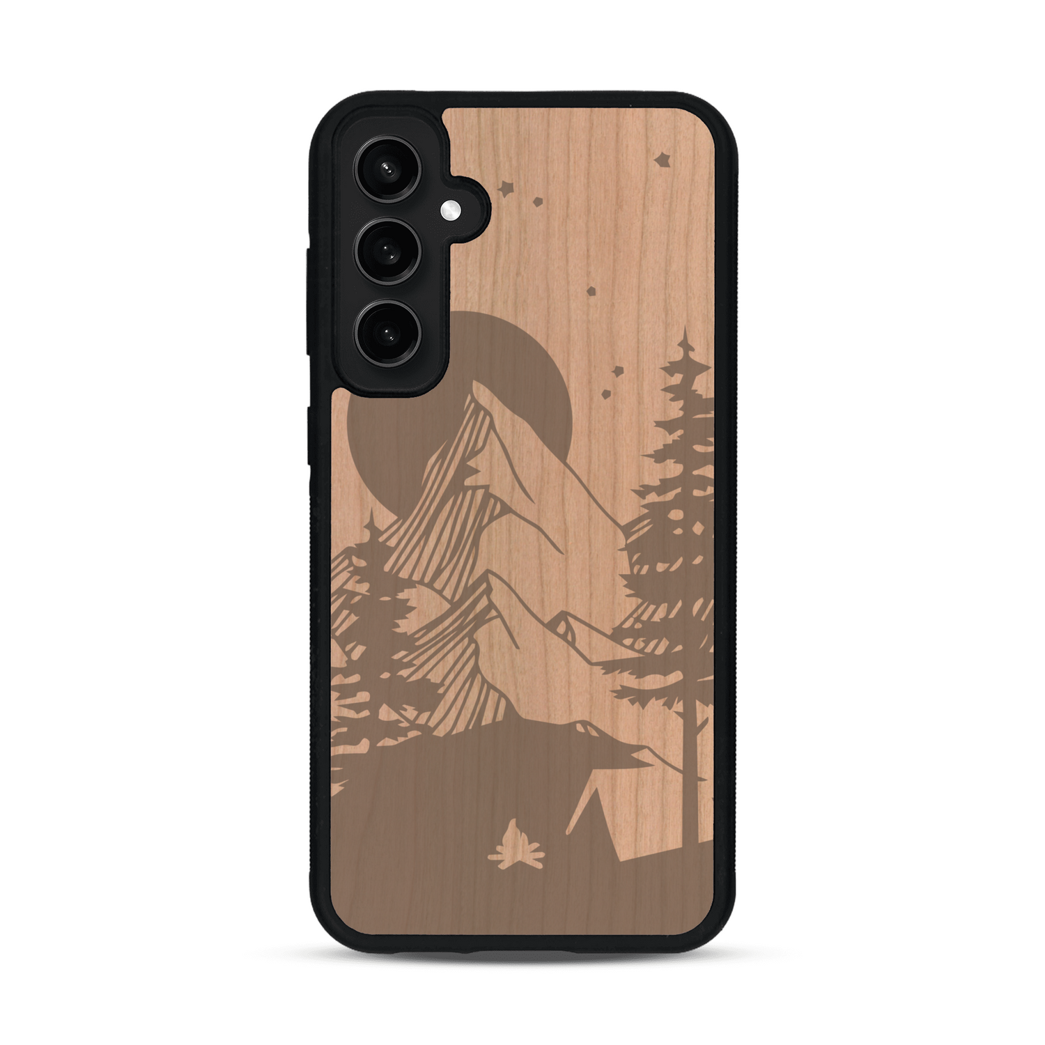 Coque de protection en bois véritable fabriquée en France pour  sur le thème du camping en pleine nature représentant une tente avec un feu de camp entouré de montagnes