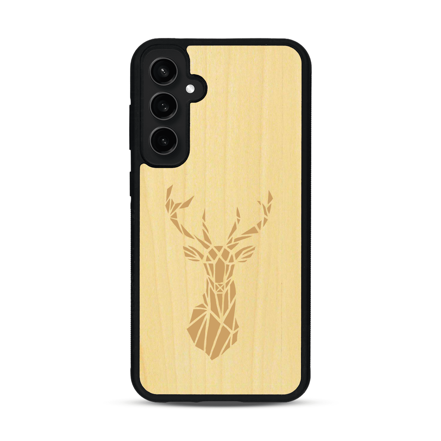 Coque de protection en bois véritable fabriquée en France pour  sur le thème de la nature et des animaux représentant une tête de cerf gométrique avec un design moderne et minimaliste