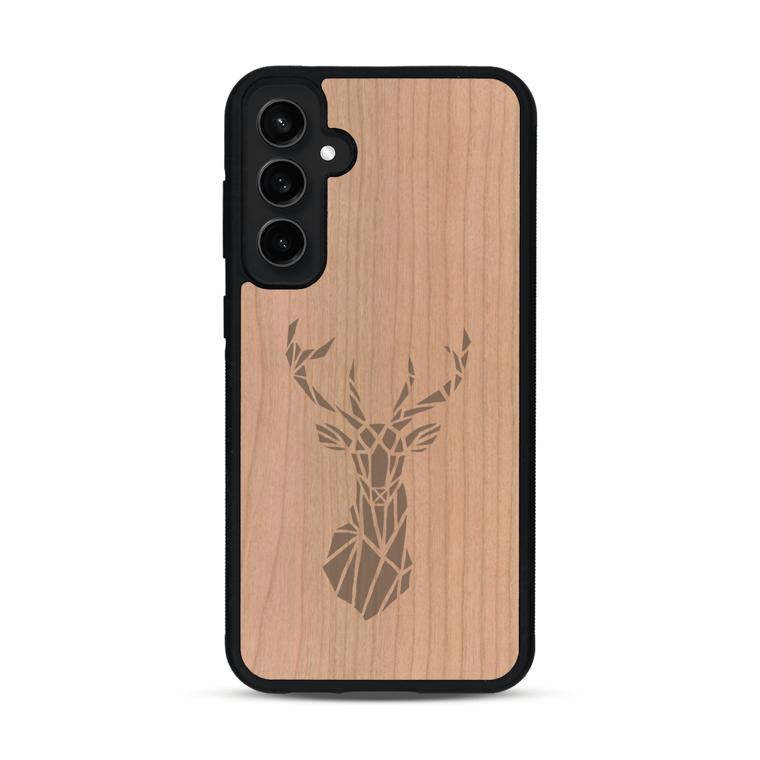 Coque de protection en bois véritable fabriquée en France pour  sur le thème de la nature et des animaux représentant une tête de cerf gométrique avec un design moderne et minimaliste