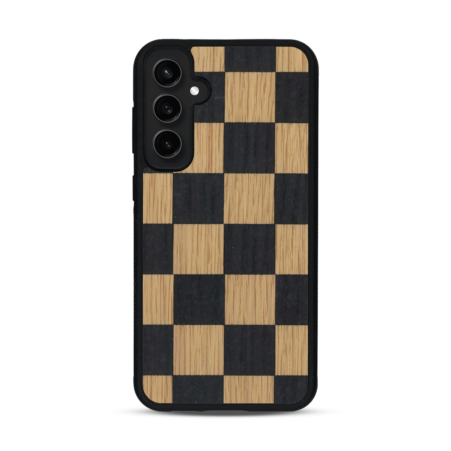 Coque de protection en bois véritable fabriquée en France pour  alliant plusieurs essences de bois pour représenter un damier
