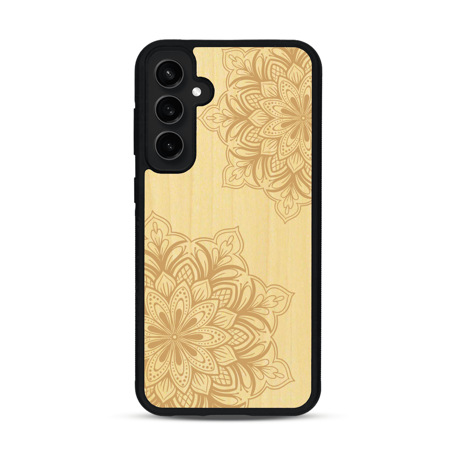 Coque de protection en bois véritable fabriquée en France pour  sur le thème de la bohème et du tatouage au henné avec une gravure représentant un mandala