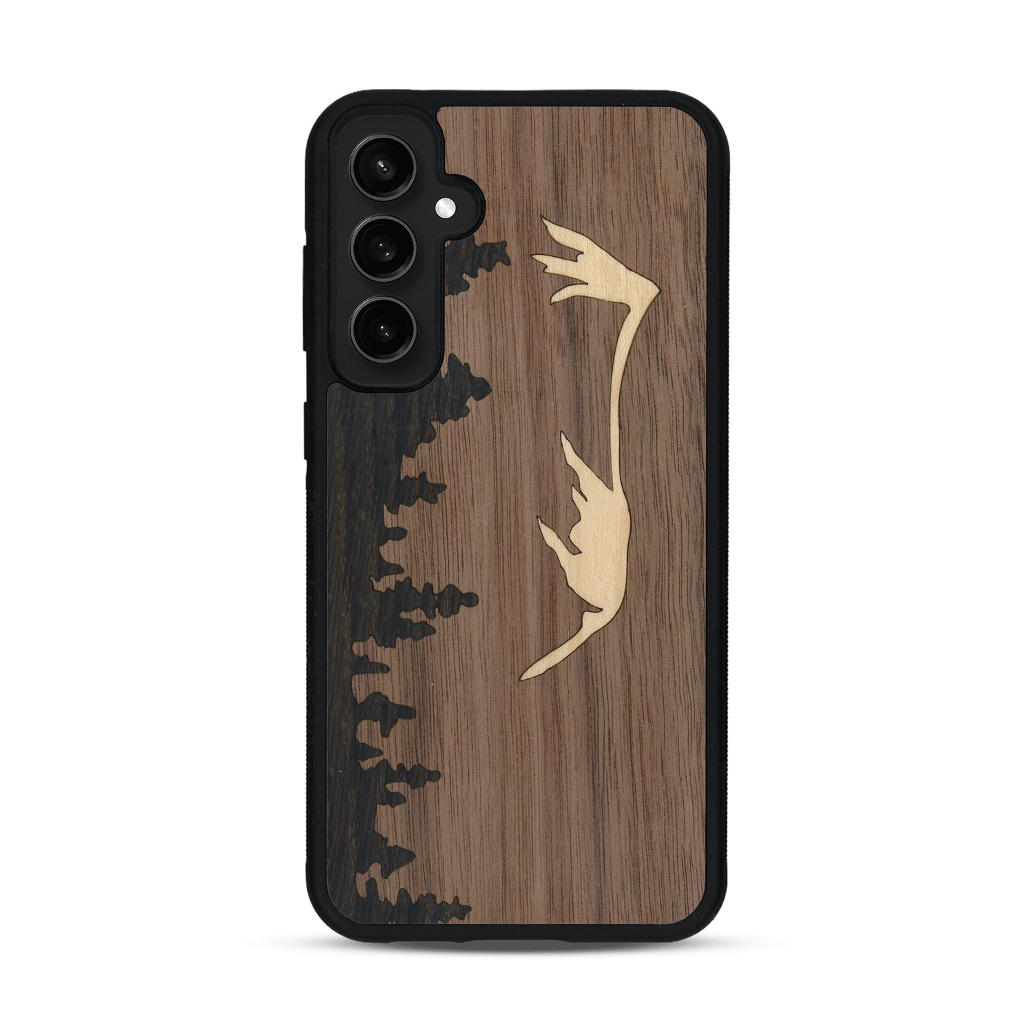 Coque de protection en bois véritable fabriquée en France pour  sur le thème de la nature et de la montagne qui allie du chêne fumé, du noyer et du bambou représentant le mont mézenc