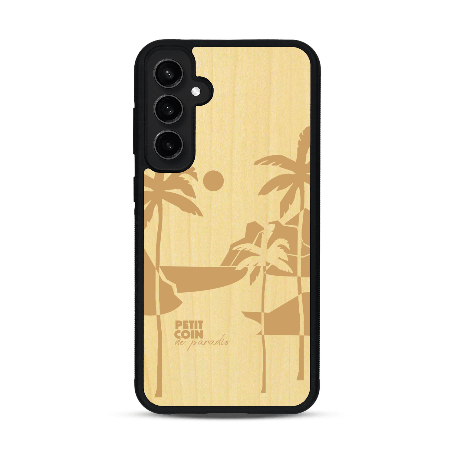 Coque de protection en bois véritable fabriquée en France pour  sur le thème des voyages en vans, vanlife et chill avec une gravure représentant un van vw combi devant le soleil couchant sur une plage avec des vagues