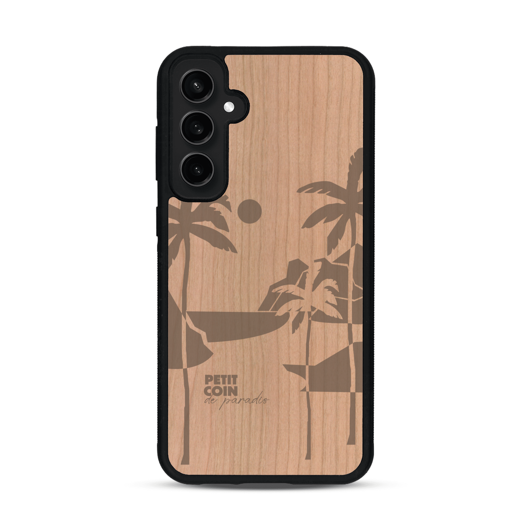 Coque de protection en bois véritable fabriquée en France pour  sur le thème des voyages en vans, vanlife et chill avec une gravure représentant un van vw combi devant le soleil couchant sur une plage avec des vagues
