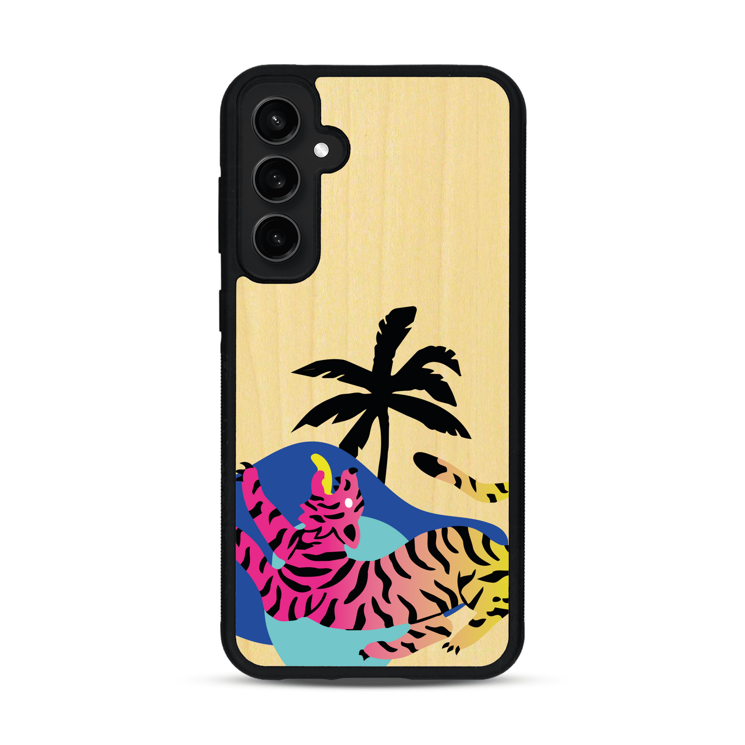 Coque de protection en bois véritable fabriquée en France pour Samsung S23FE représentant un tigre coloré avec un design moderne et minimaliste sur le thème de la jungle et de la nature