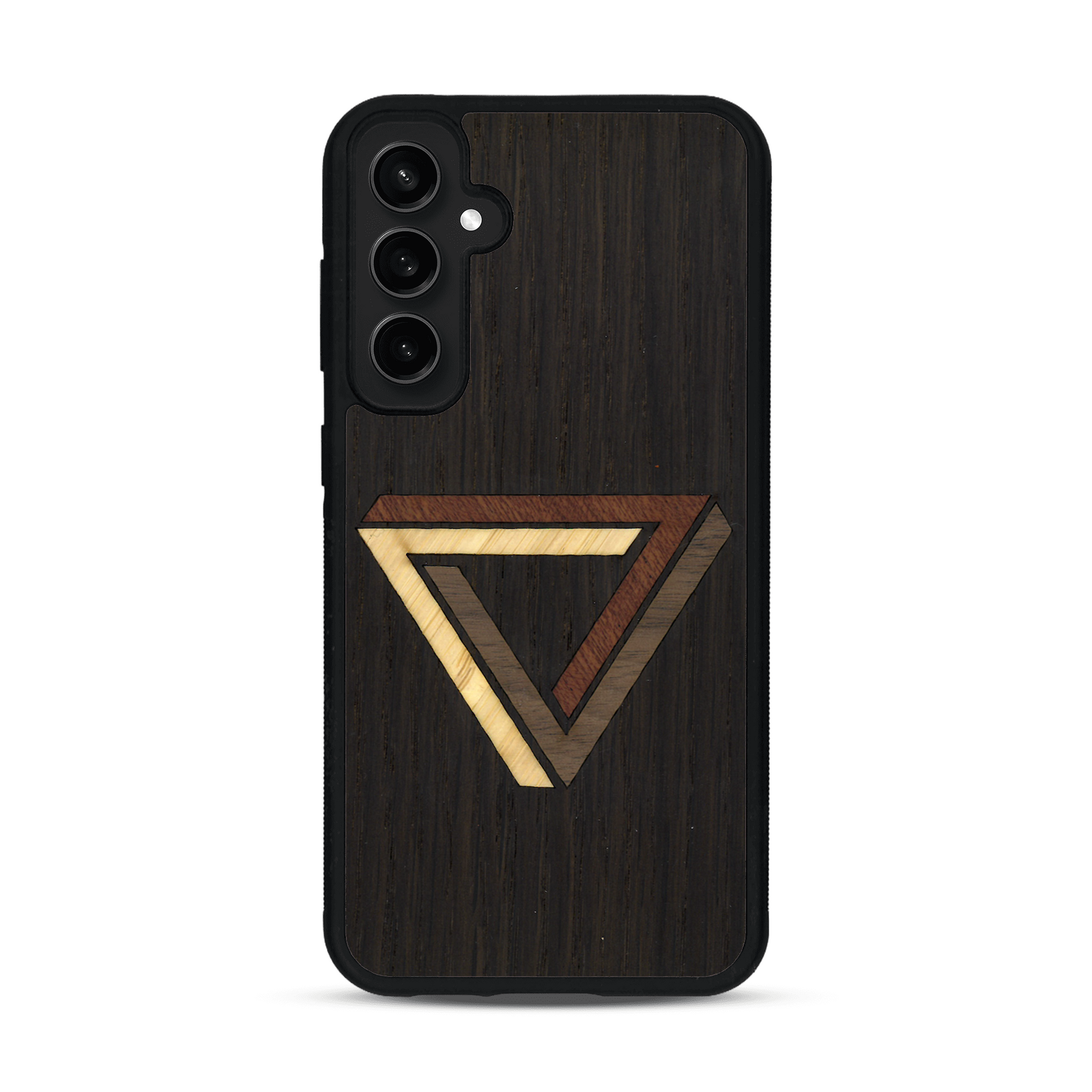 Coque de protection en bois véritable fabriquée en France pour  sur le thème de l'art géométrique qui allie du chêne fumé, du noyer, du bambou et du padouk représentant le triangle de penrose
