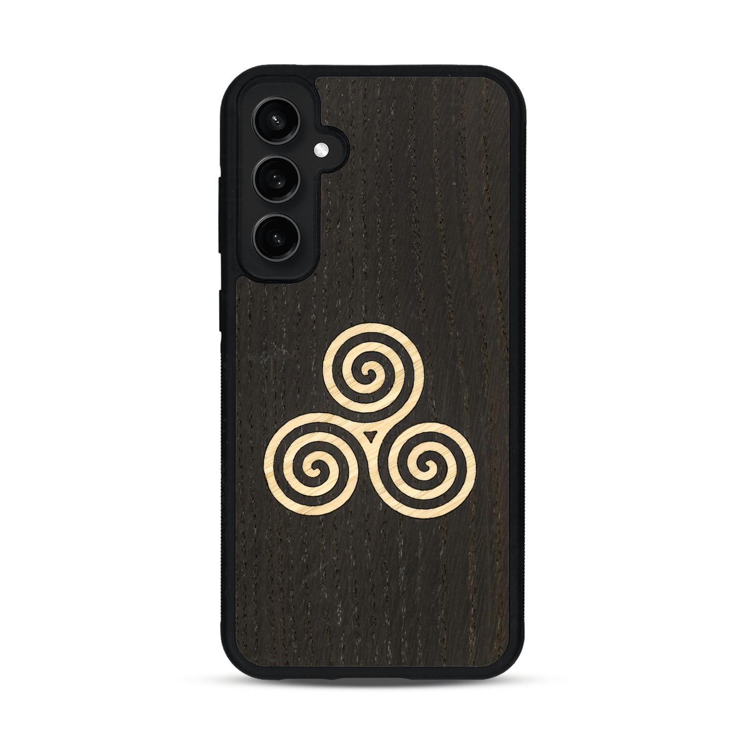 Coque de protection en bois véritable fabriquée en France pour  alliant du chêne fumé et du bambou et doré représentant un triskell