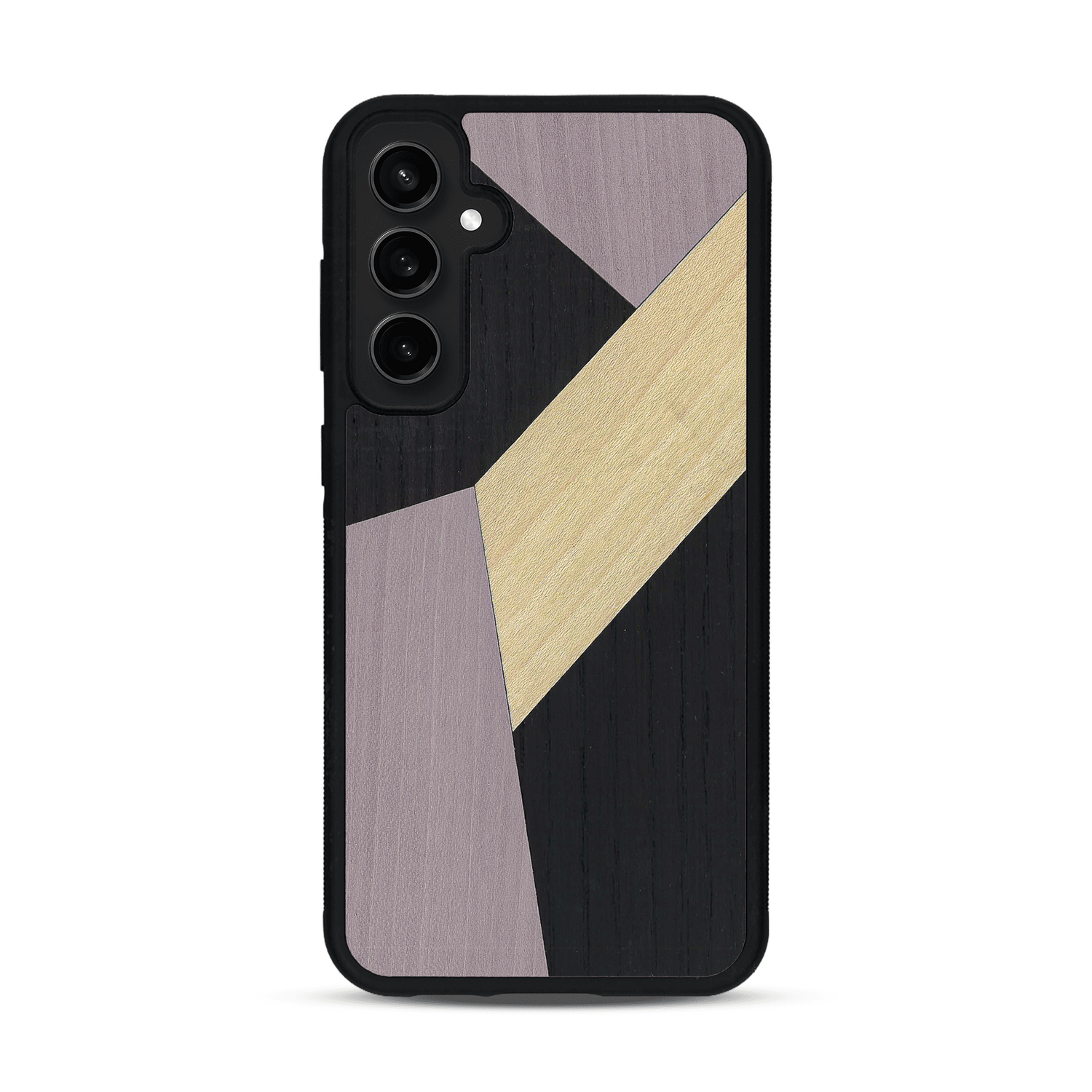 Coque de protection en bois véritable fabriquée en France pour  alliant du bambou, du tulipier mauve et noir en forme de mosaïque minimaliste sur le thème de l'art abstrait