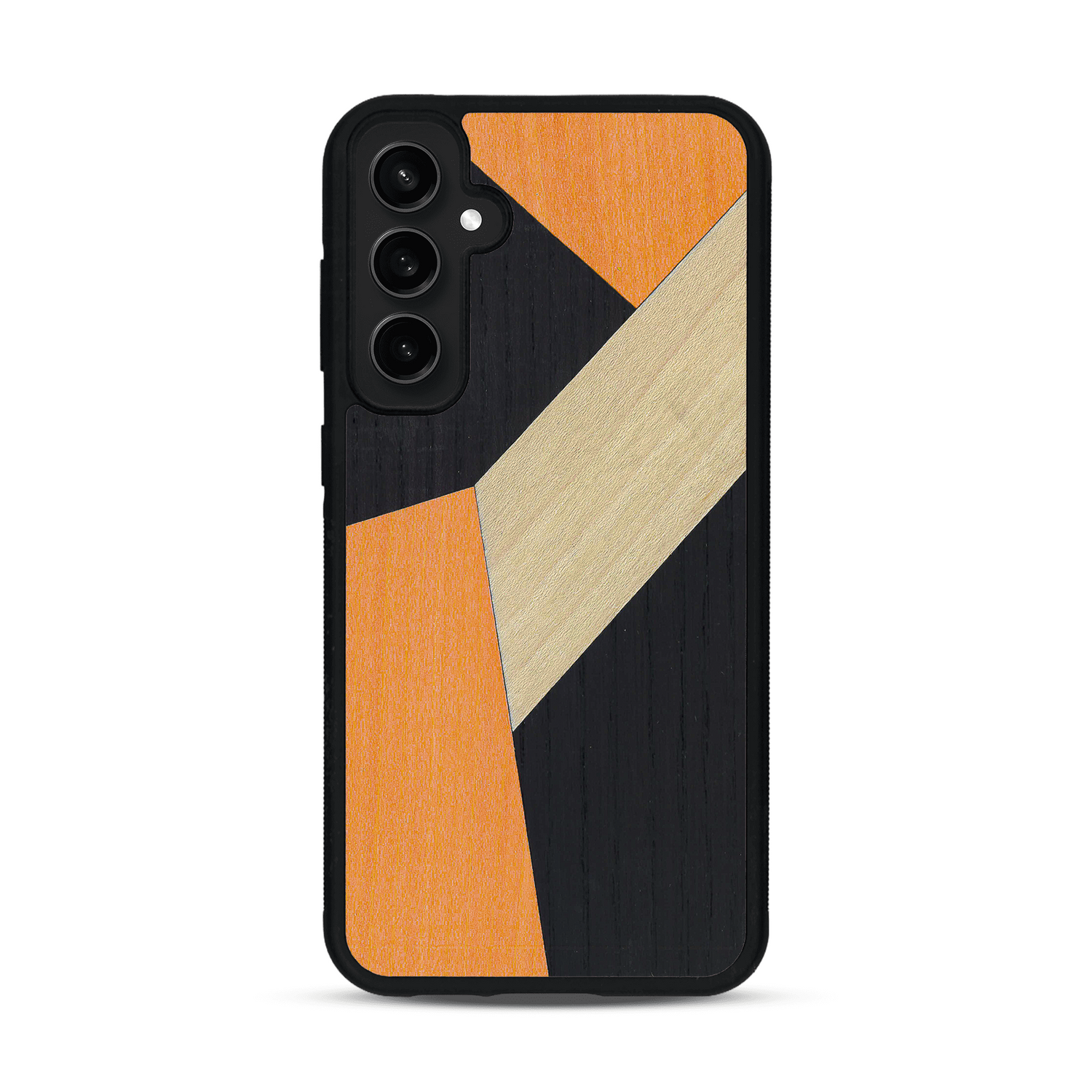 Coque de protection en bois véritable fabriquée en France pour  alliant du bambou, du tulipier orange et noir en forme de mosaïque minimaliste sur le thème de l'art abstrait
