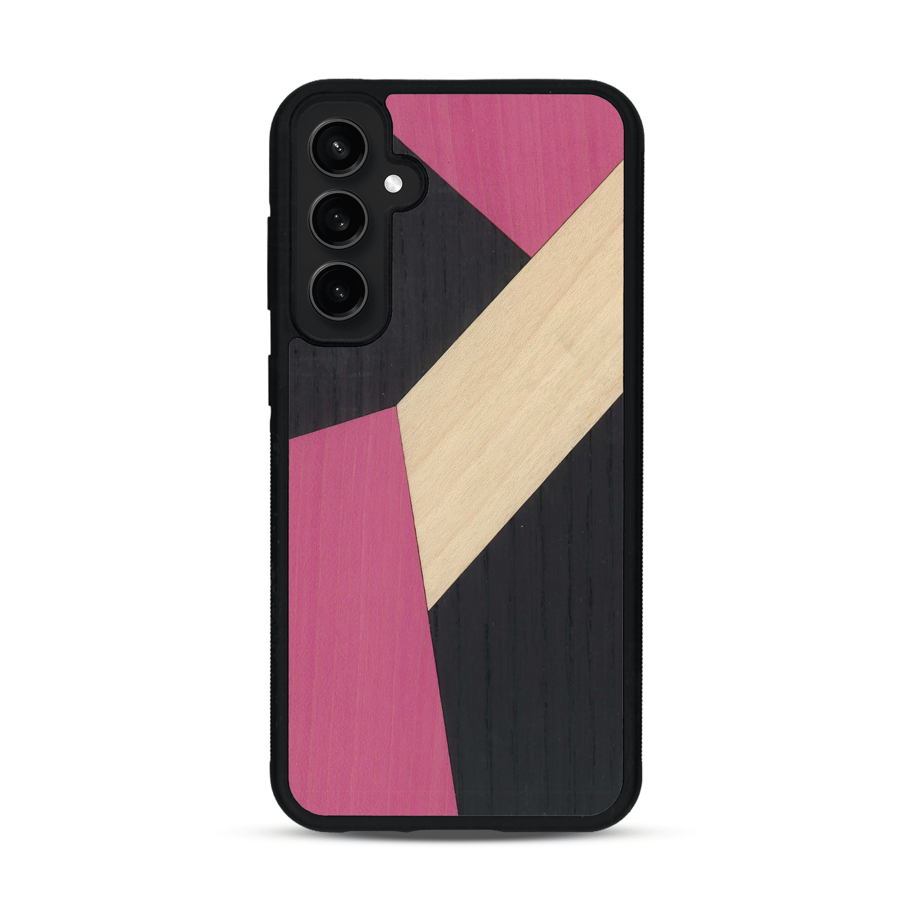 Coque de protection en bois véritable fabriquée en France pour  alliant du bambou, du tulipier rose et noir en forme de mosaïque minimaliste sur le thème de l'art abstrait