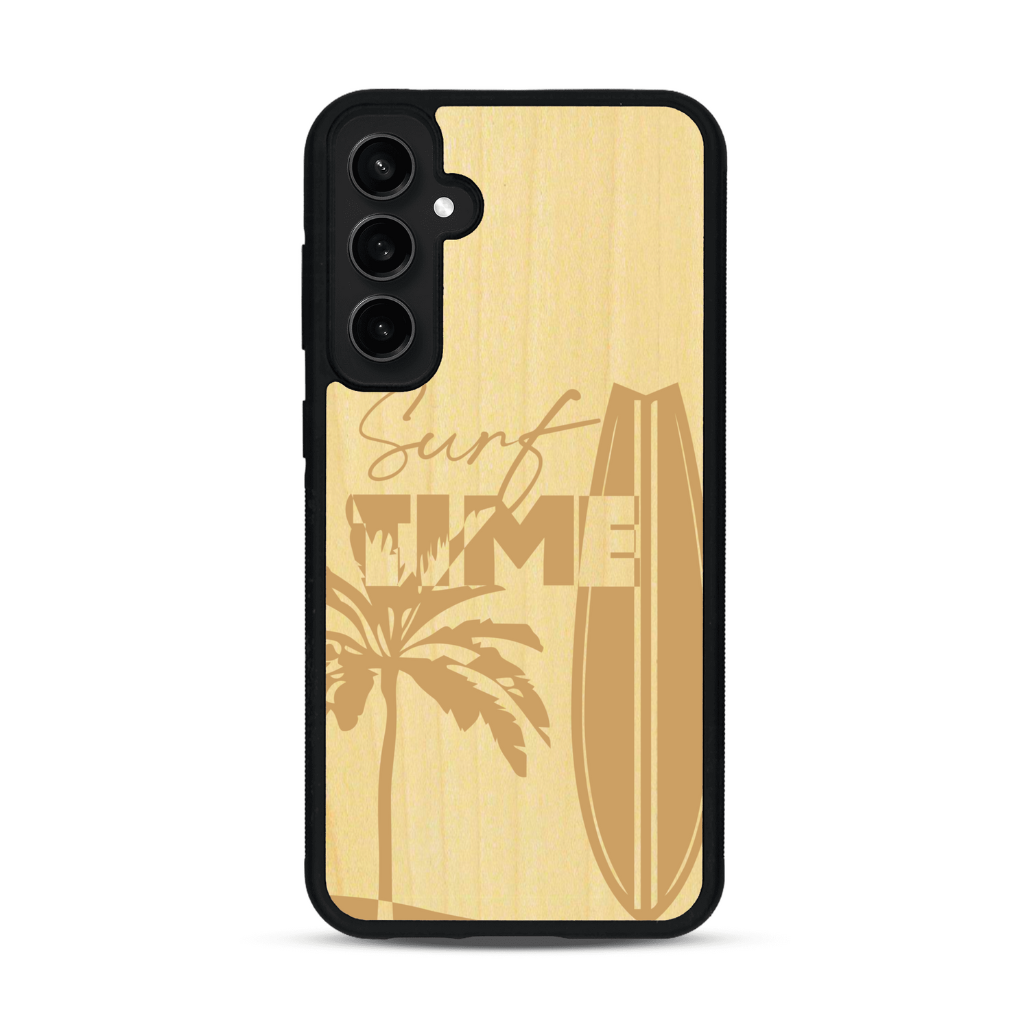Coque de protection en bois véritable fabriquée en France pour  sur le thème chill avec un motif représentant une silouhette tenant une planche de surf sur une plage entouré de palmiers et les mots "Surf Time Long Beach Miami"