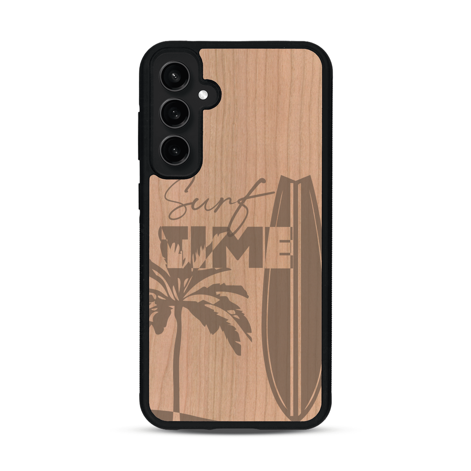Coque de protection en bois véritable fabriquée en France pour  sur le thème chill avec un motif représentant une silouhette tenant une planche de surf sur une plage entouré de palmiers et les mots "Surf Time Long Beach Miami"