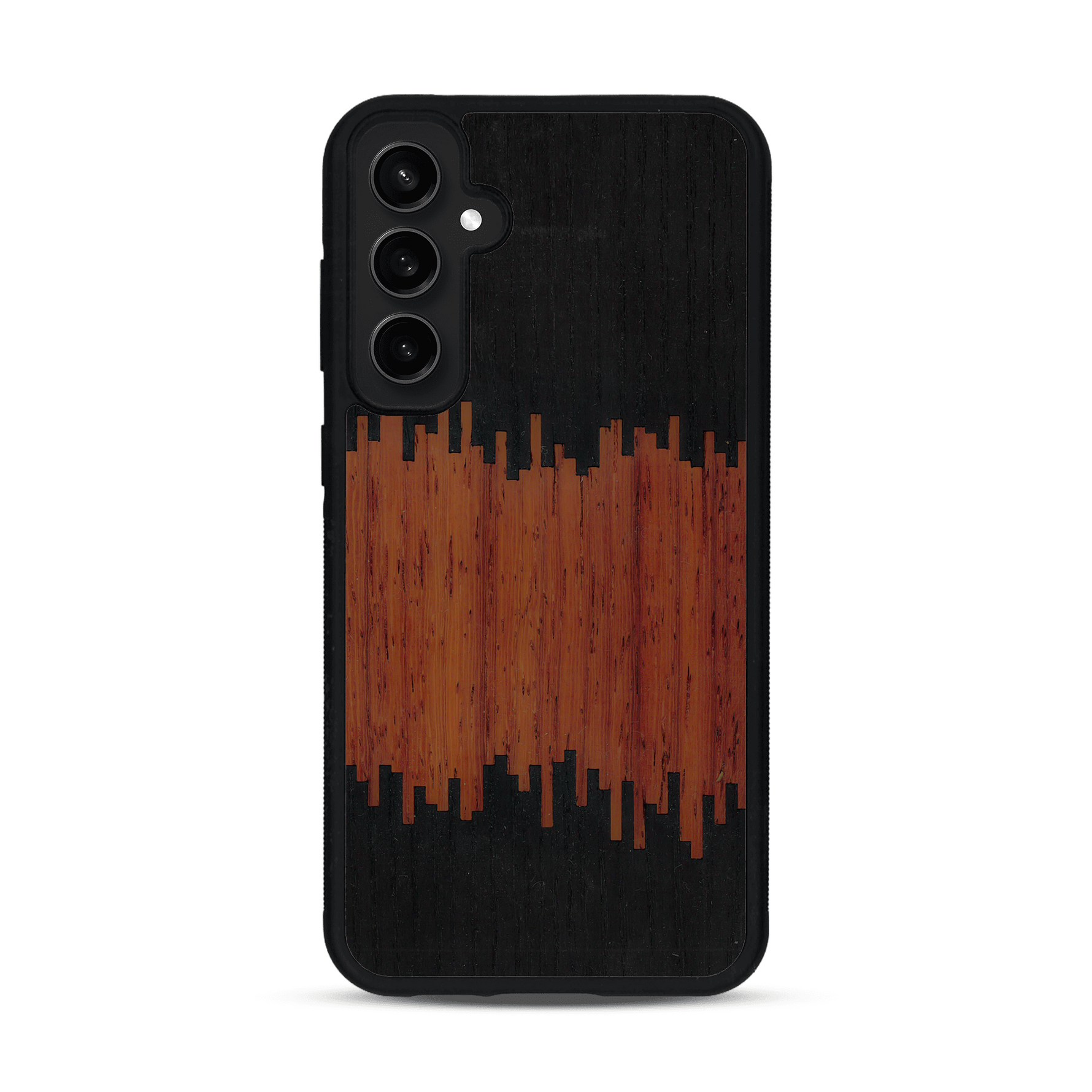 Coque de protection en bois véritable fabriquée en France pour  alliant plusieurs essences de bois pour représenter du magma en fusion