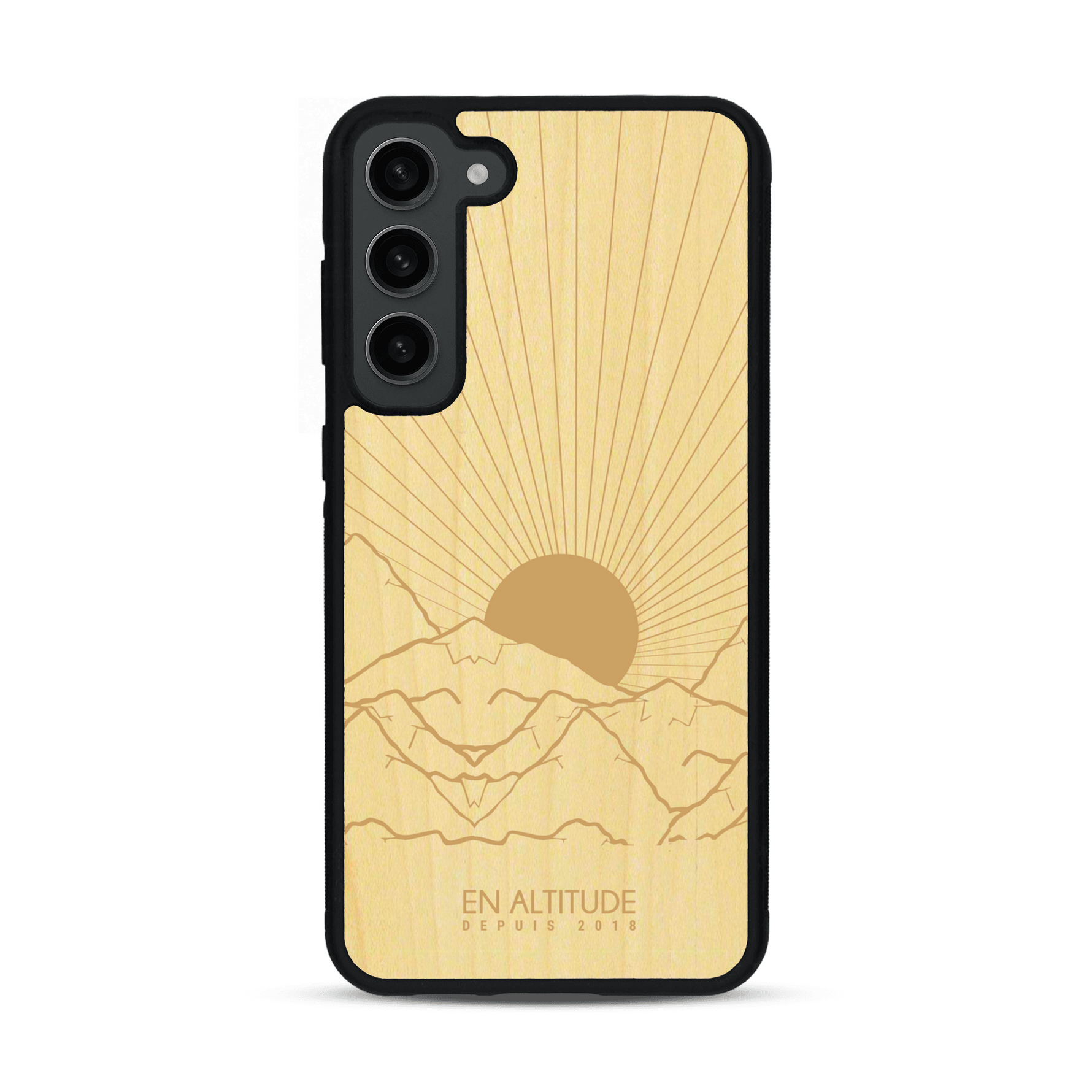 Coque de protection en bois véritable fabriquée en France pour  représentant des montagnes, sur le thème de la randonnée en pleine nature et du trail