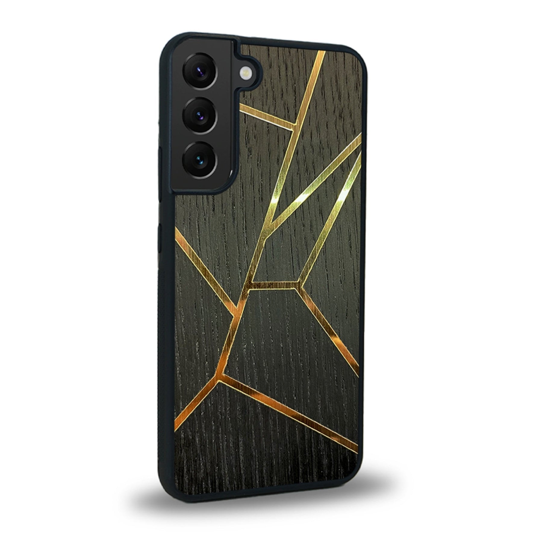 Coque de protection en bois véritable fabriquée en France pour Samsung S23+ alliant plusieurs essences de bois pour représenter des fragments design