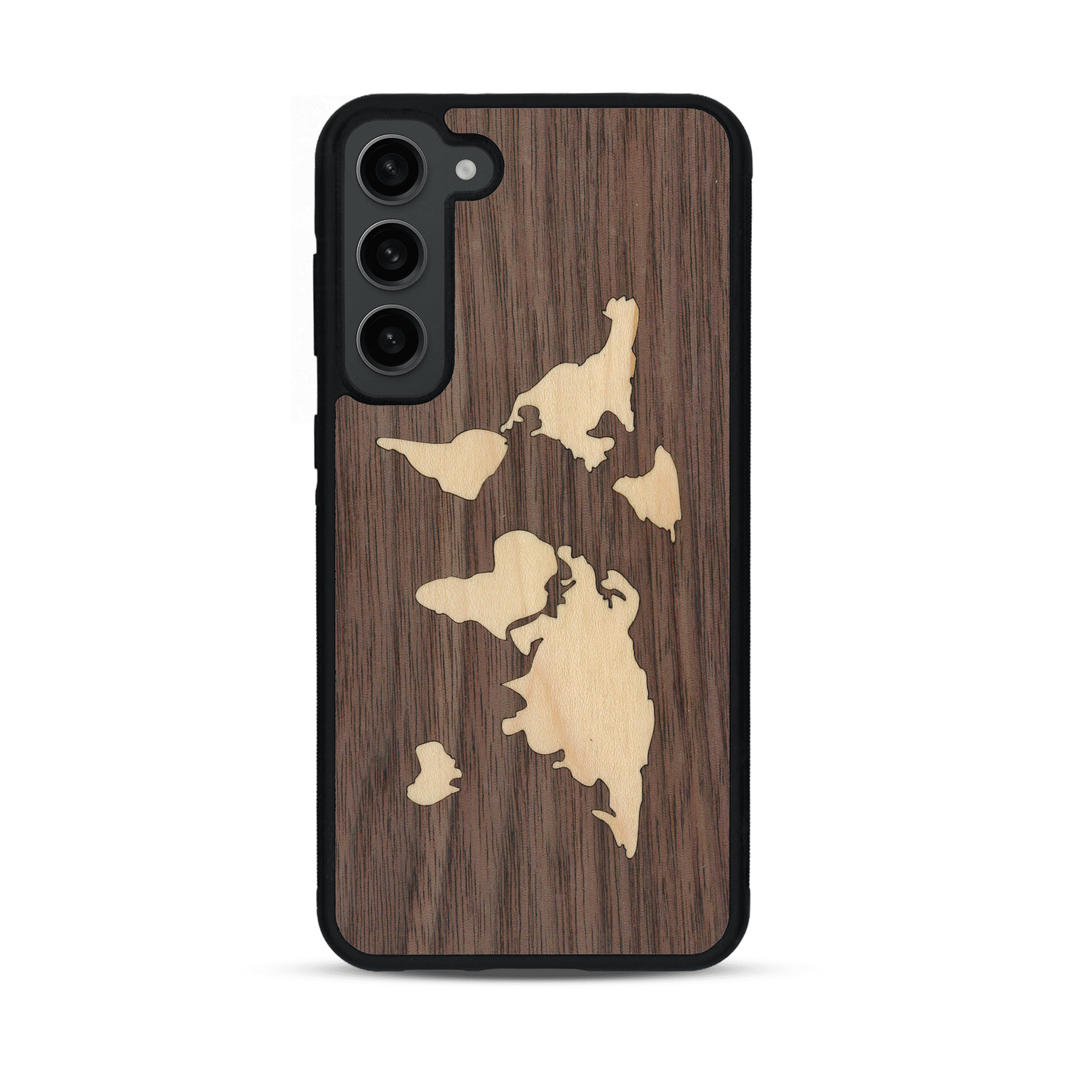 Coque de protection en bois véritable fabriquée en France pour  alliant du bambou et du noyer sur le thème du voyage et de l'aventure représentant une mappemonde