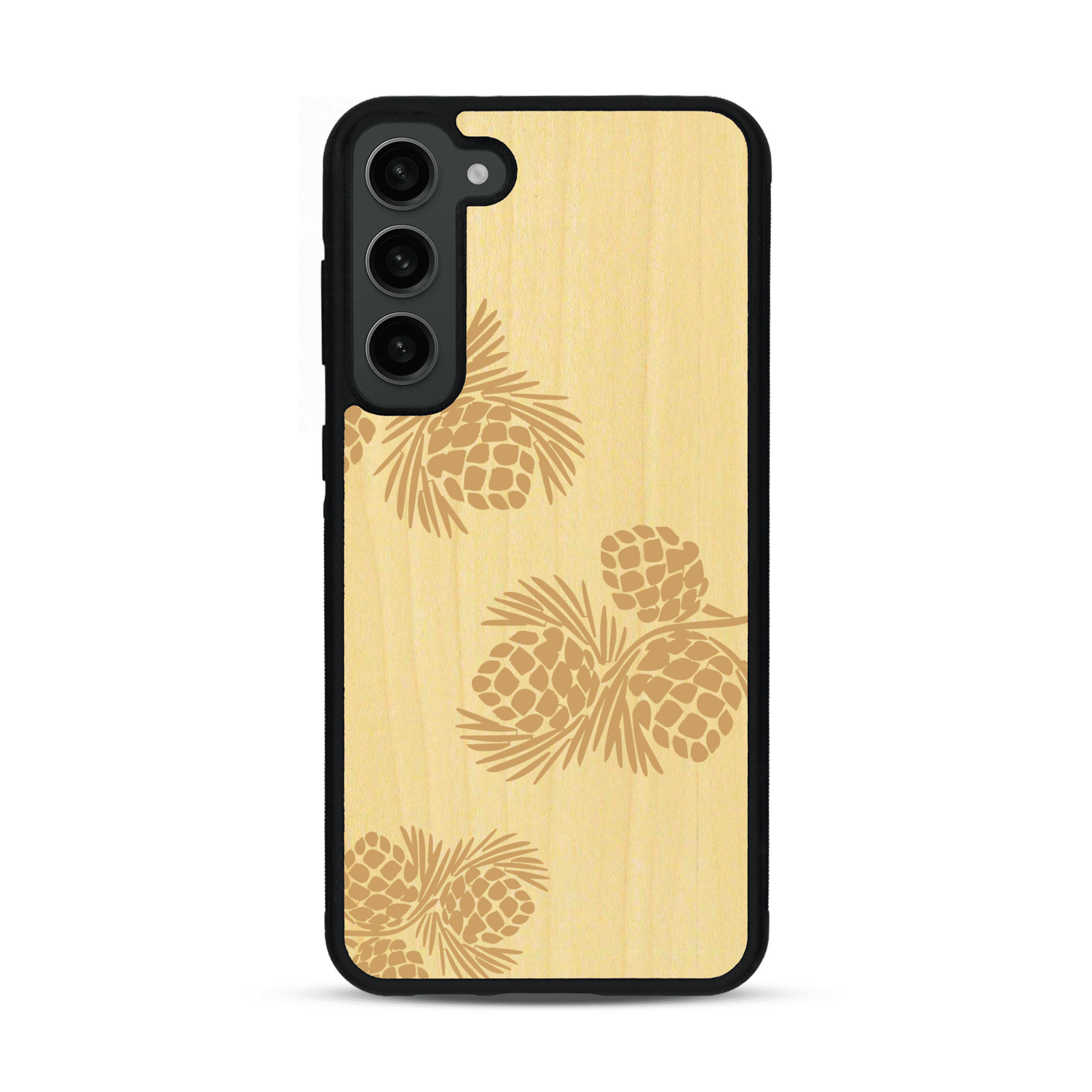 Coque de protection en bois véritable fabriquée en France pour  sur le thème de la nature des arbres avec un motif de gravure représentant des épines de sapin et des pommes de pin