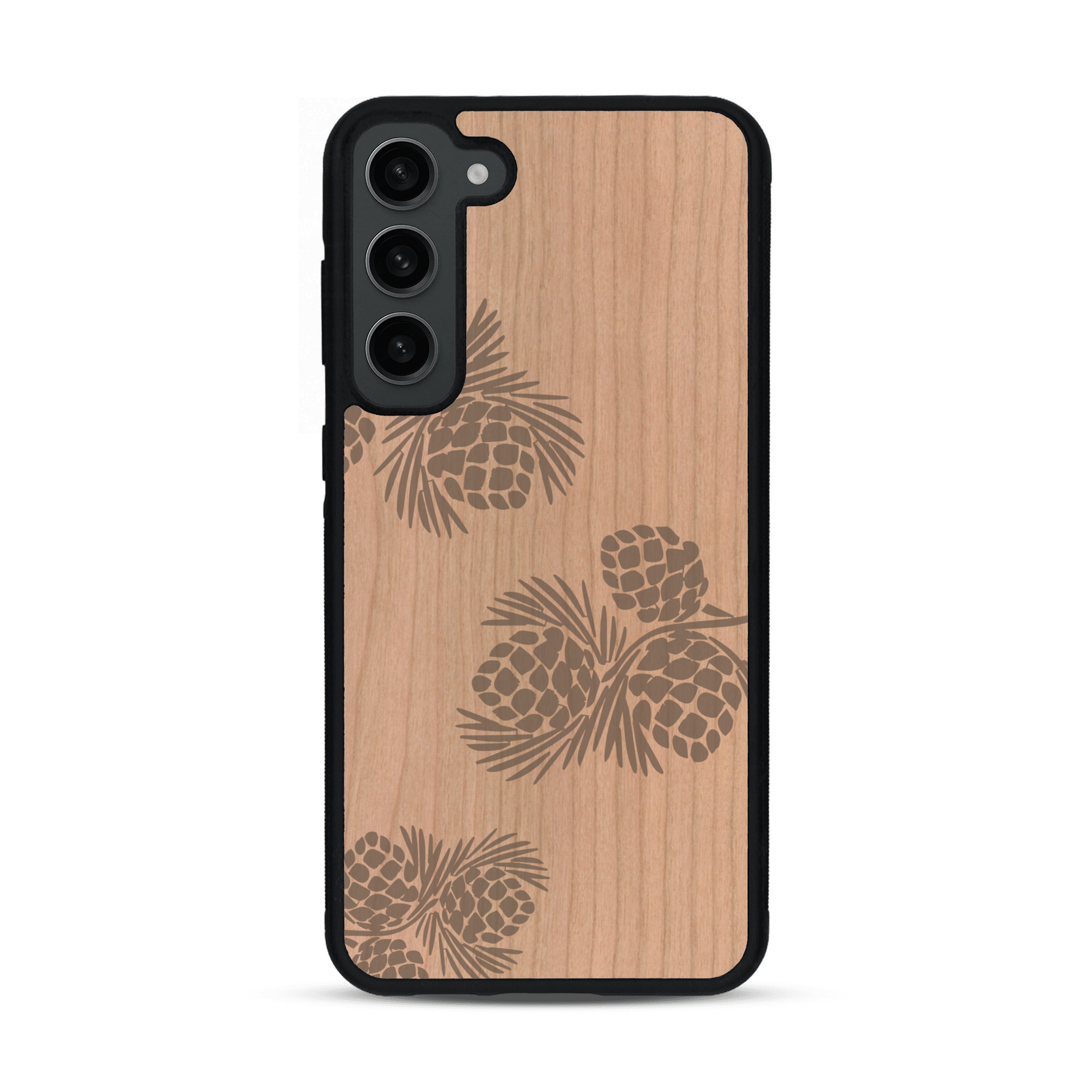 Coque de protection en bois véritable fabriquée en France pour  sur le thème de la nature des arbres avec un motif de gravure représentant des épines de sapin et des pommes de pin