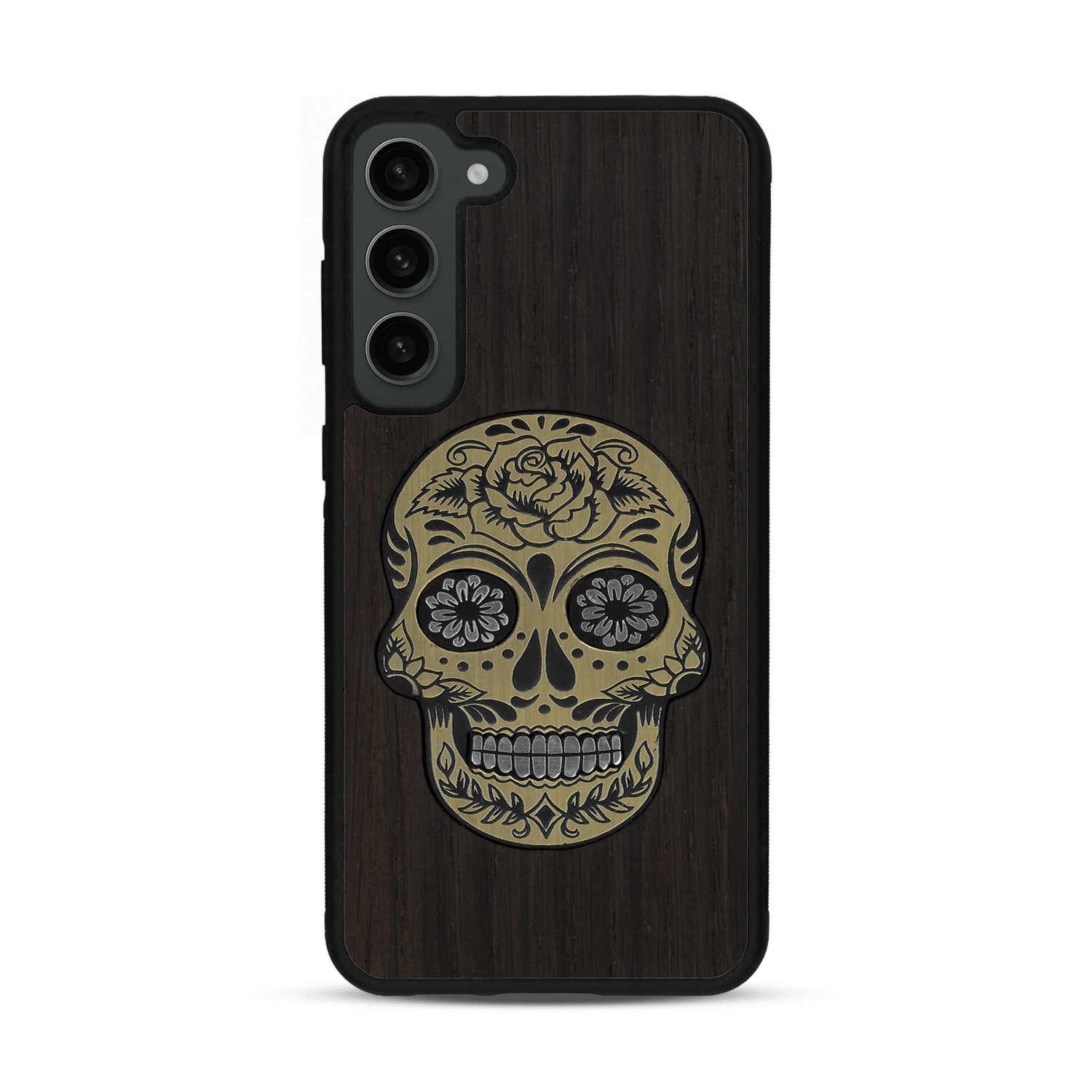 Coque de protection en bois véritable fabriquée en France pour  alliant du chêne fumé avec du métal argenté et doré représentant une tête de mort mexicaine sur le thème Dia de los Muertos