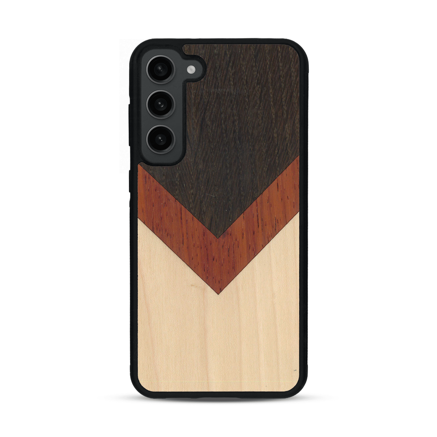 Coque de protection en bois véritable fabriquée en France pour  alliant du chêne fumé, du padouk et du bambou en forme de chevron sur le thème de l'art abstrait