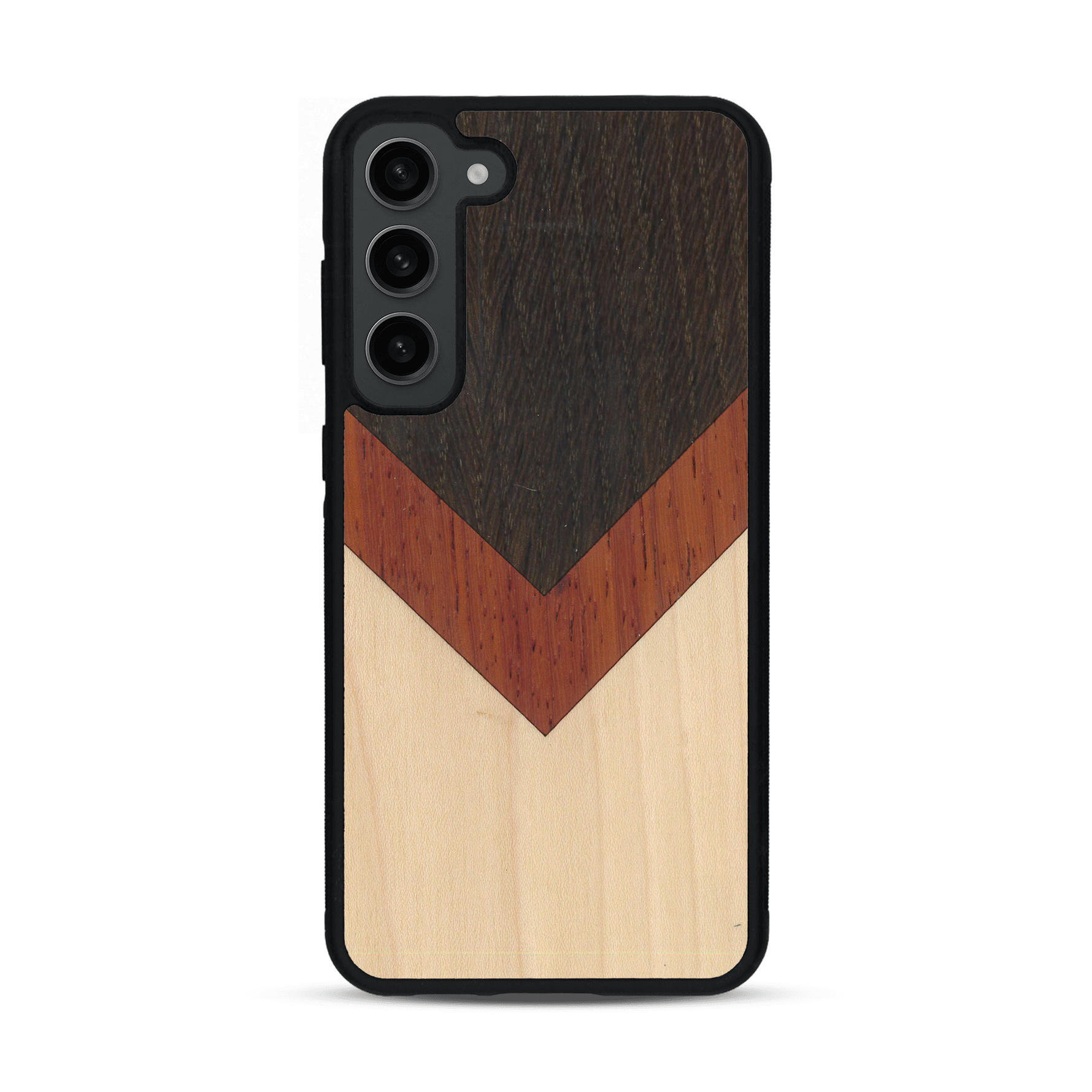 Coque de protection en bois véritable fabriquée en France pour  alliant du chêne fumé, du padouk et du bambou en forme de chevron sur le thème de l'art abstrait