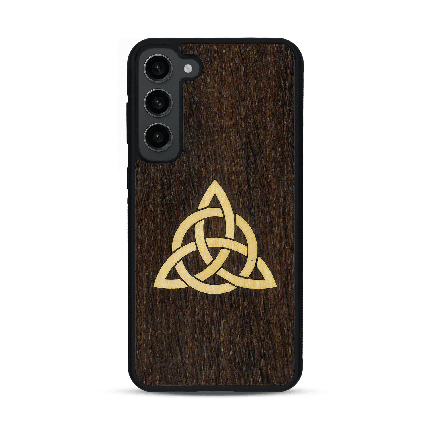 Coque de protection en bois véritable fabriquée en France pour  alliant du chêne fumé et du bambou représentant une triquetra
