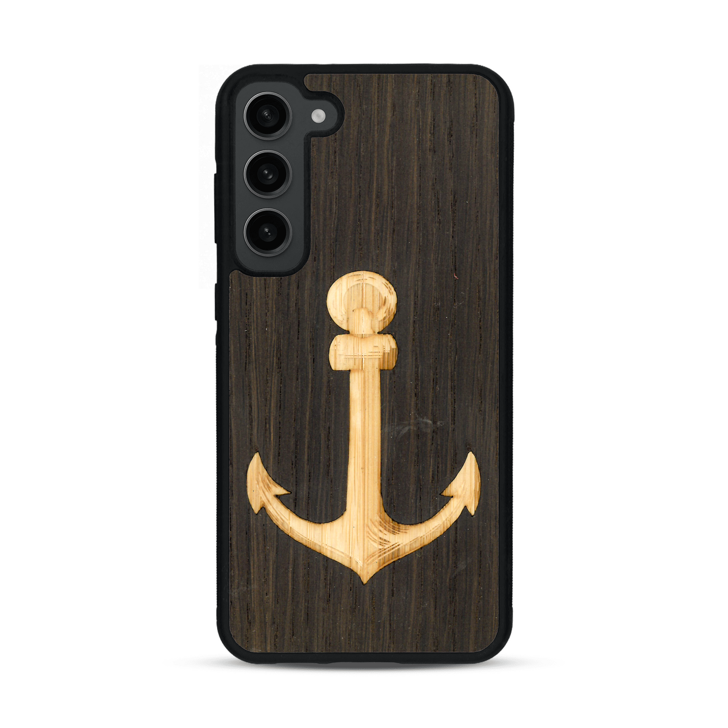 Coque de protection en bois véritable fabriquée en France pour  sur le thème nautique avec un bois clair et un bois foncé représentant une ancre de bateau