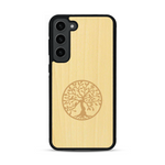 Coque de protection en bois véritable fabriquée en France pour  sur le thème de la spiritualité et du yoga avec une gravure zen représentant un arbre de vie