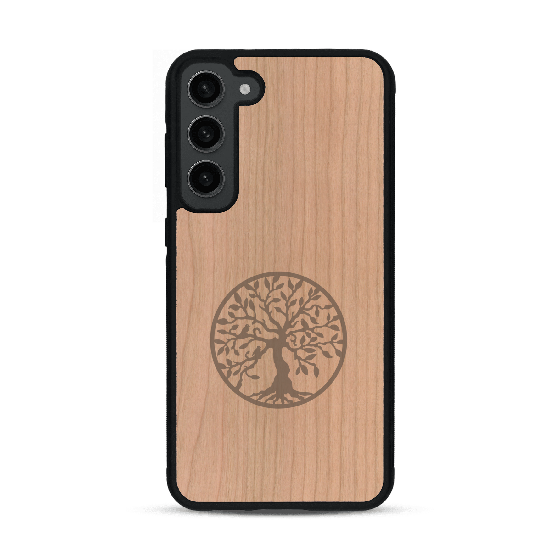 Coque de protection en bois véritable fabriquée en France pour  sur le thème de la spiritualité et du yoga avec une gravure zen représentant un arbre de vie