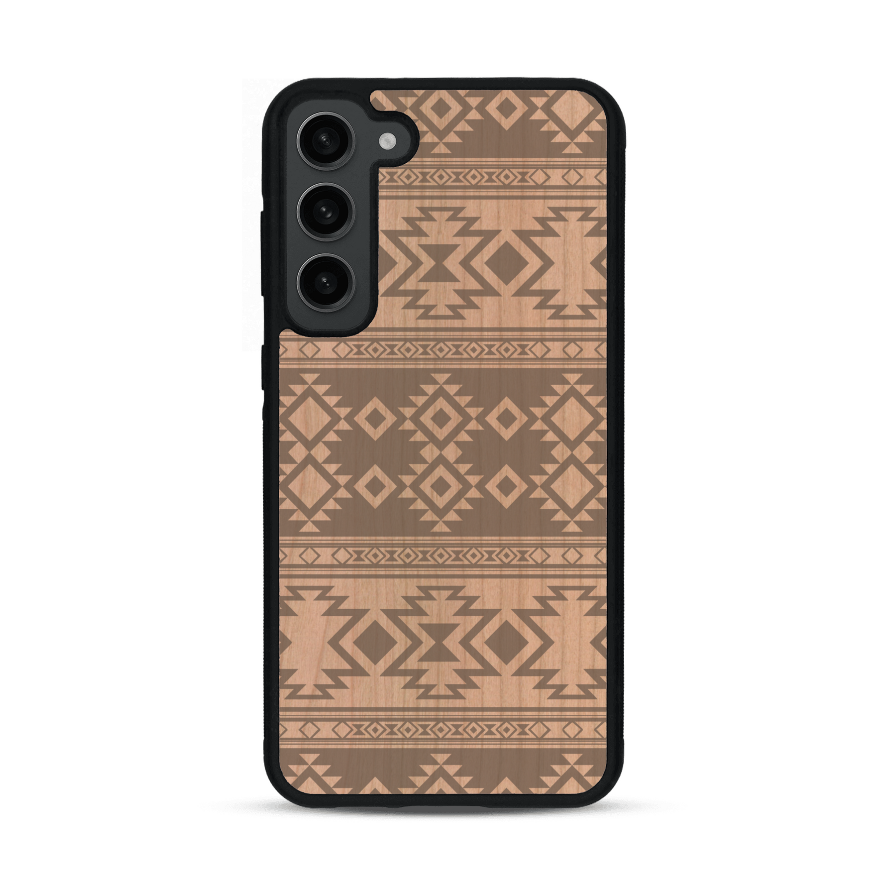Coque de protection en bois véritable fabriquée en France pour  avec des motifs géométriques s'inspirant des temples aztèques, mayas et incas
