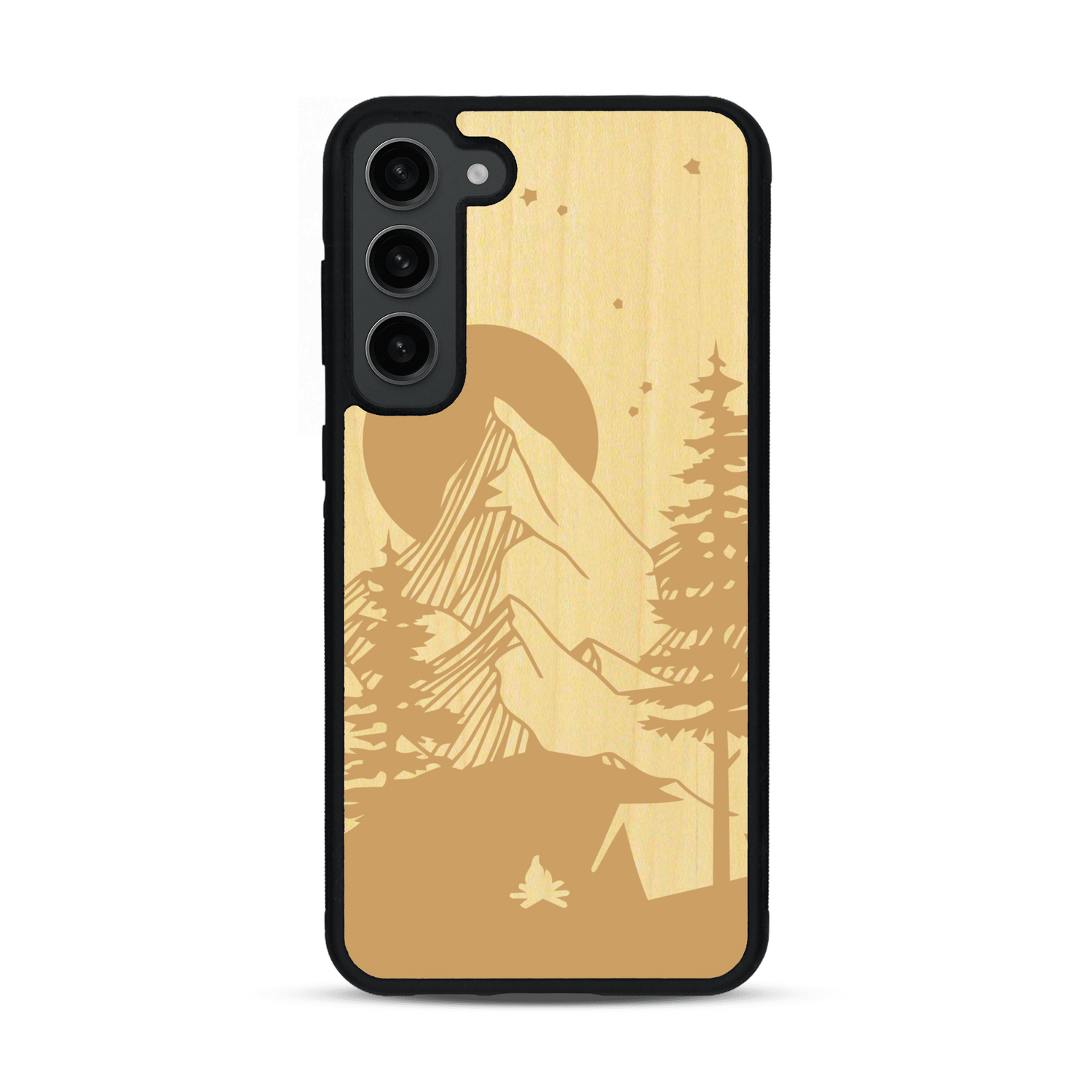 Coque de protection en bois véritable fabriquée en France pour  sur le thème du camping en pleine nature représentant une tente avec un feu de camp entouré de montagnes