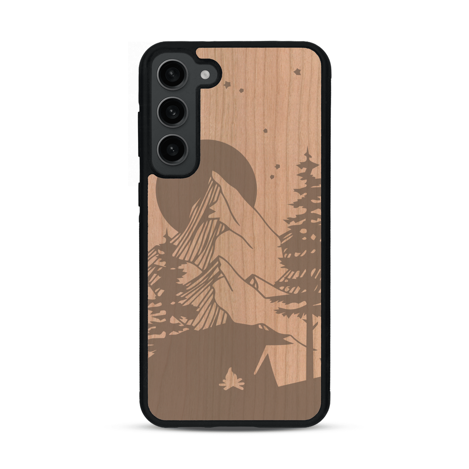 Coque de protection en bois véritable fabriquée en France pour  sur le thème du camping en pleine nature représentant une tente avec un feu de camp entouré de montagnes