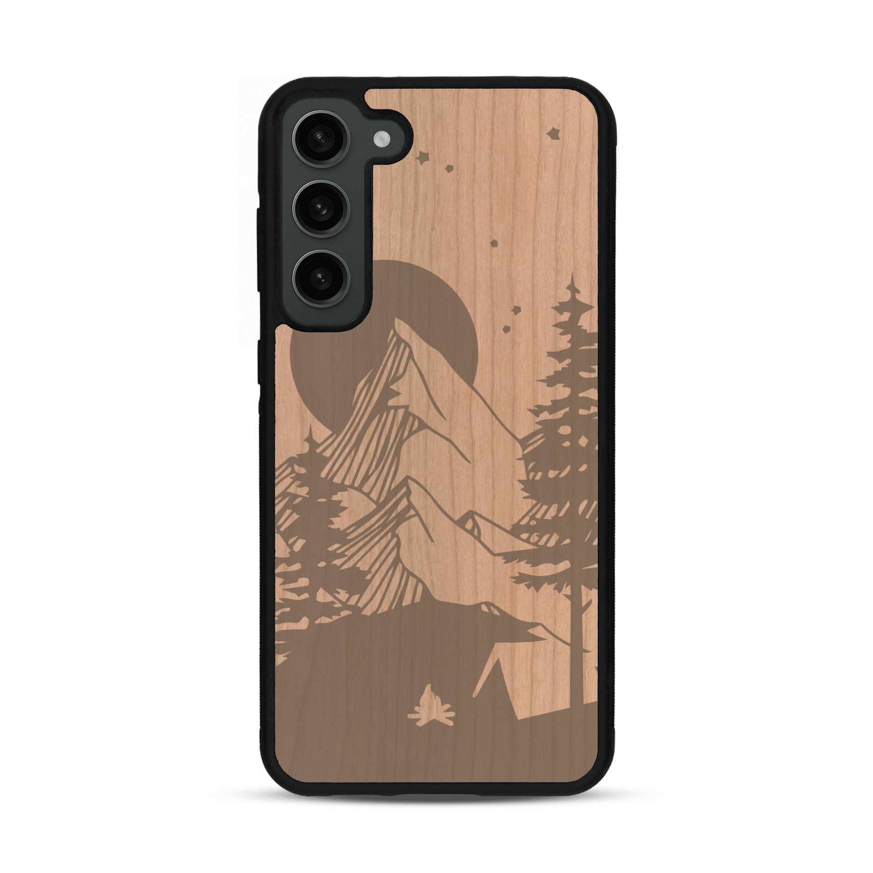 Coque de protection en bois véritable fabriquée en France pour  sur le thème du camping en pleine nature représentant une tente avec un feu de camp entouré de montagnes