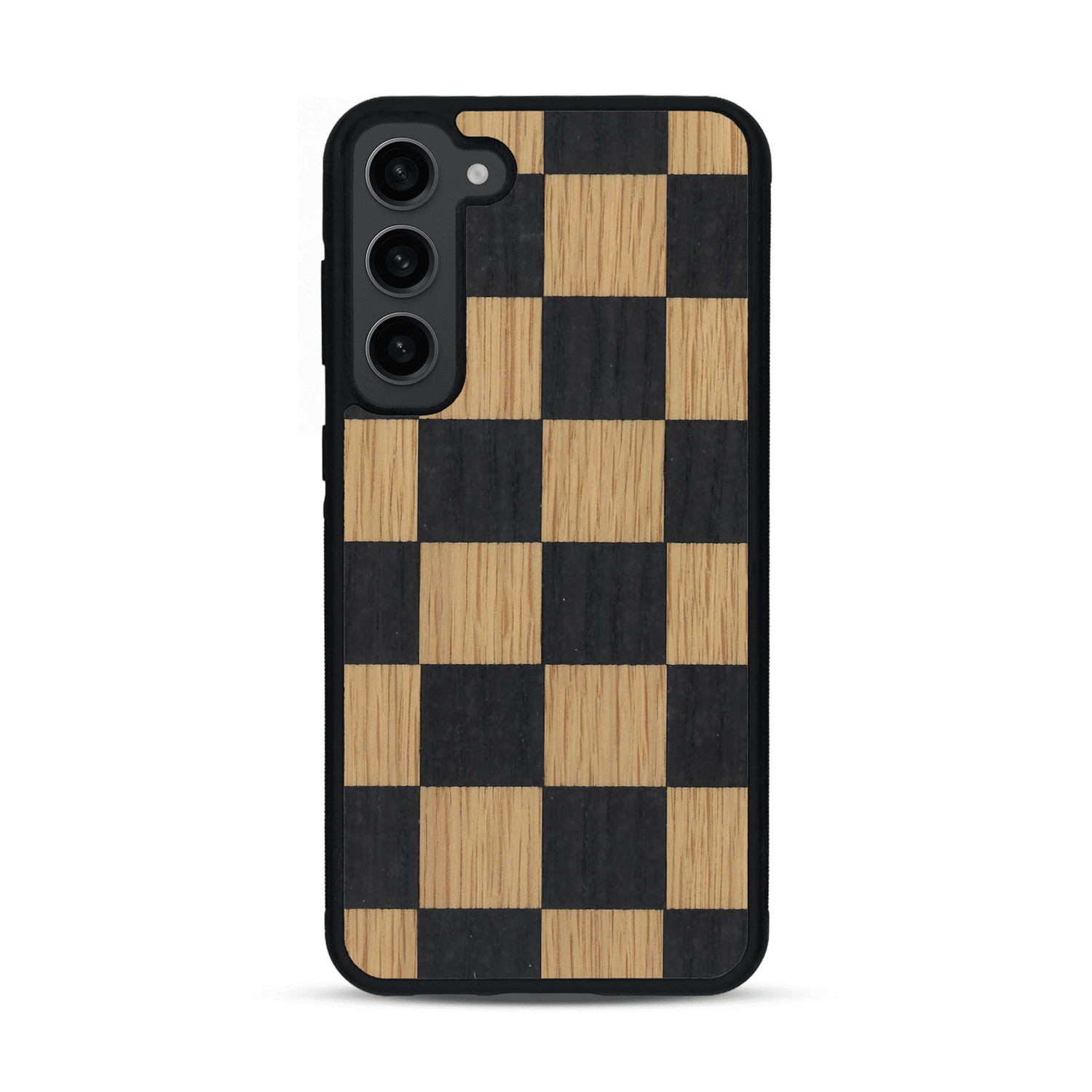 Coque de protection en bois véritable fabriquée en France pour  alliant plusieurs essences de bois pour représenter un damier