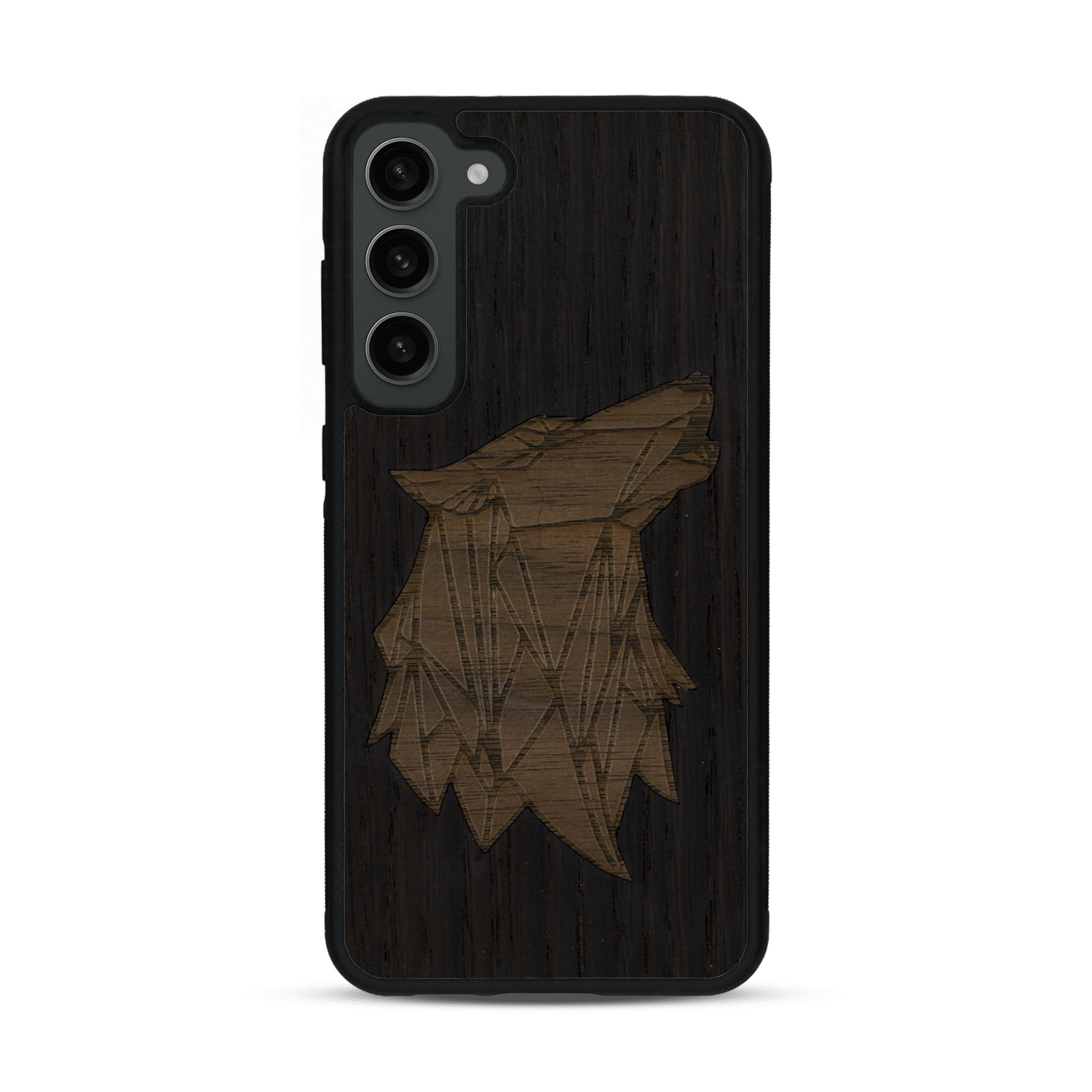 Coque de protection en bois véritable fabriquée en France pour  alliant du chêne fumé et du noyer représentant une tête de loup géométrique de profil sur le thème des animaux et de la nature