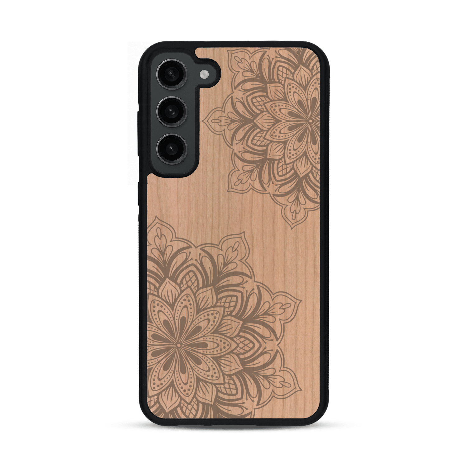 Coque de protection en bois véritable fabriquée en France pour  sur le thème de la bohème et du tatouage au henné avec une gravure représentant un mandala