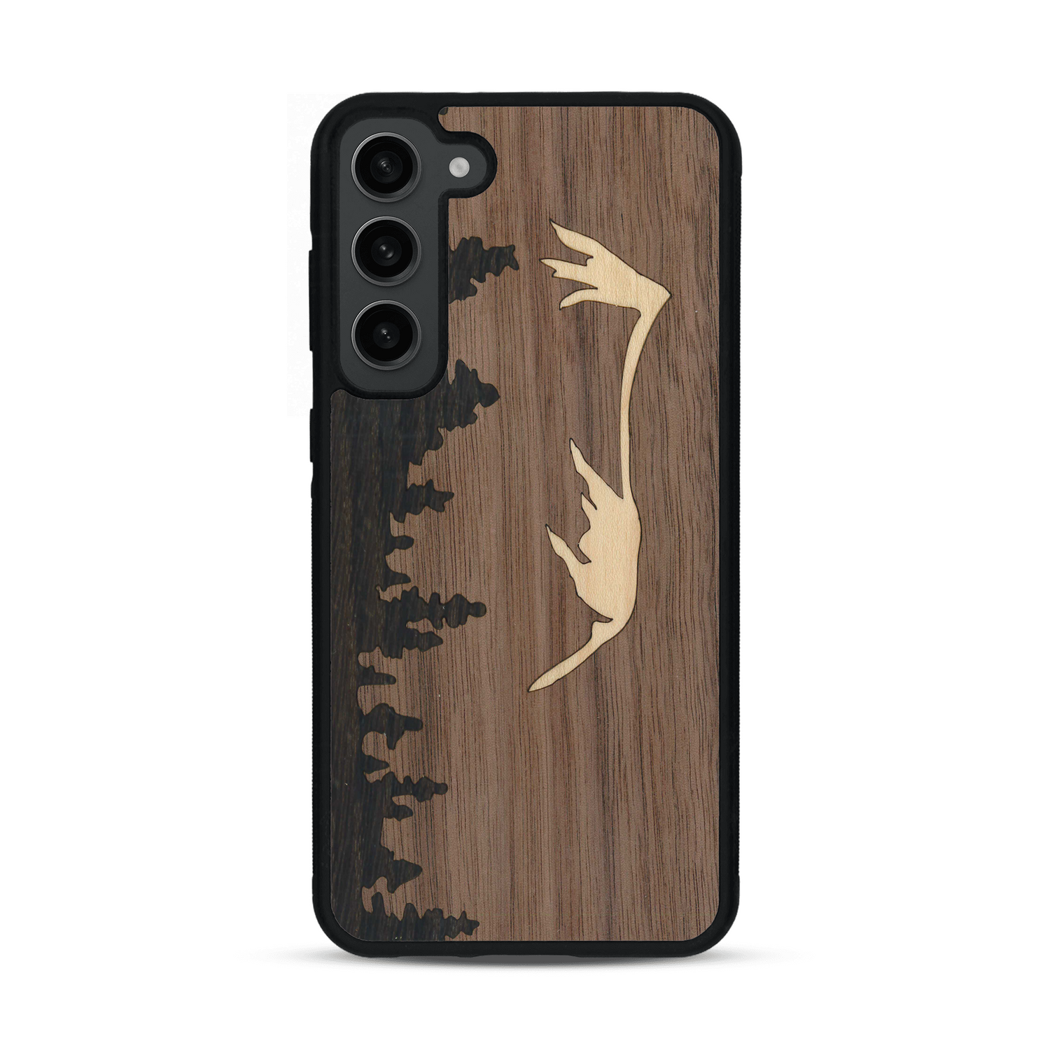 Coque de protection en bois véritable fabriquée en France pour  sur le thème de la nature et de la montagne qui allie du chêne fumé, du noyer et du bambou représentant le mont mézenc
