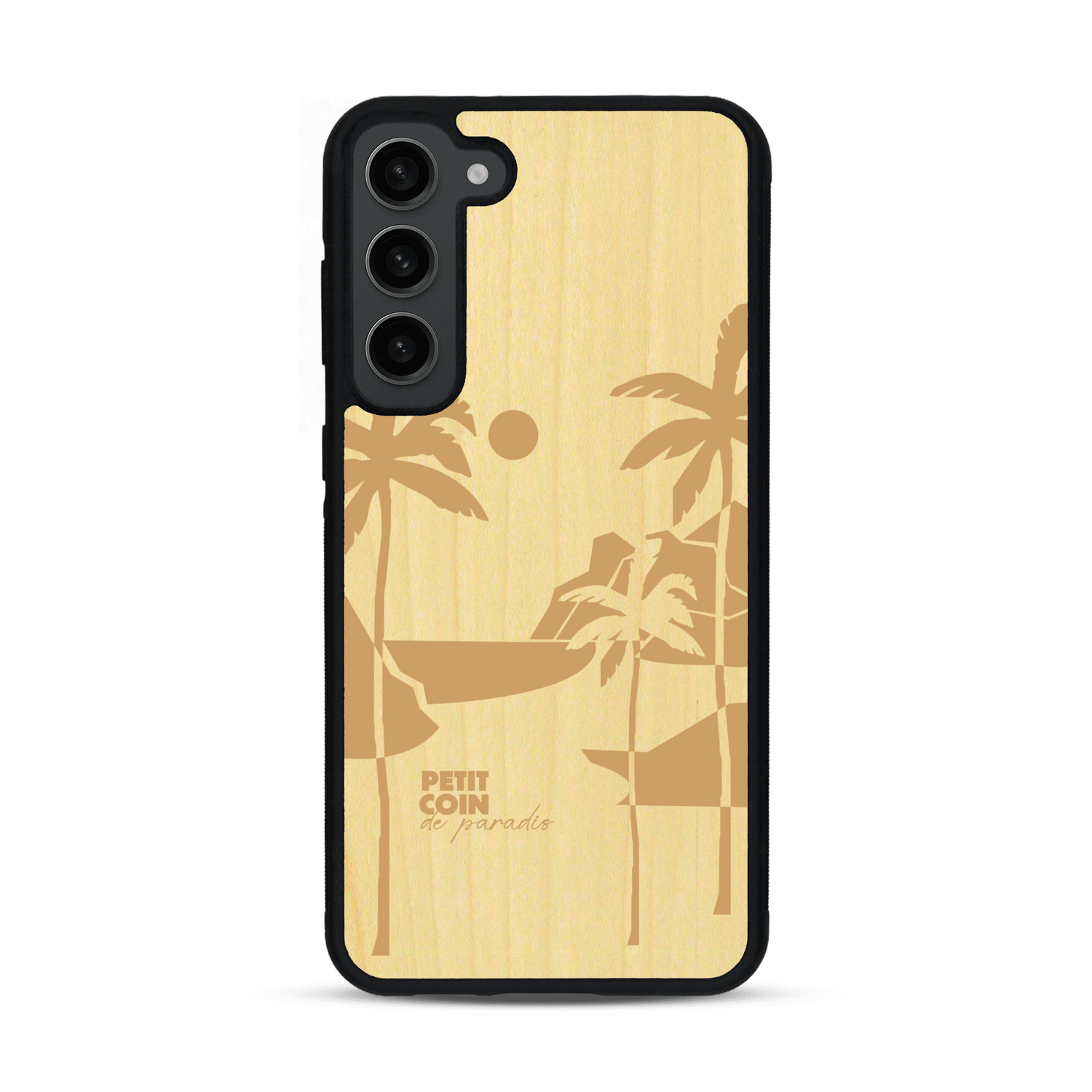 Coque de protection en bois véritable fabriquée en France pour  sur le thème des voyages en vans, vanlife et chill avec une gravure représentant un van vw combi devant le soleil couchant sur une plage avec des vagues