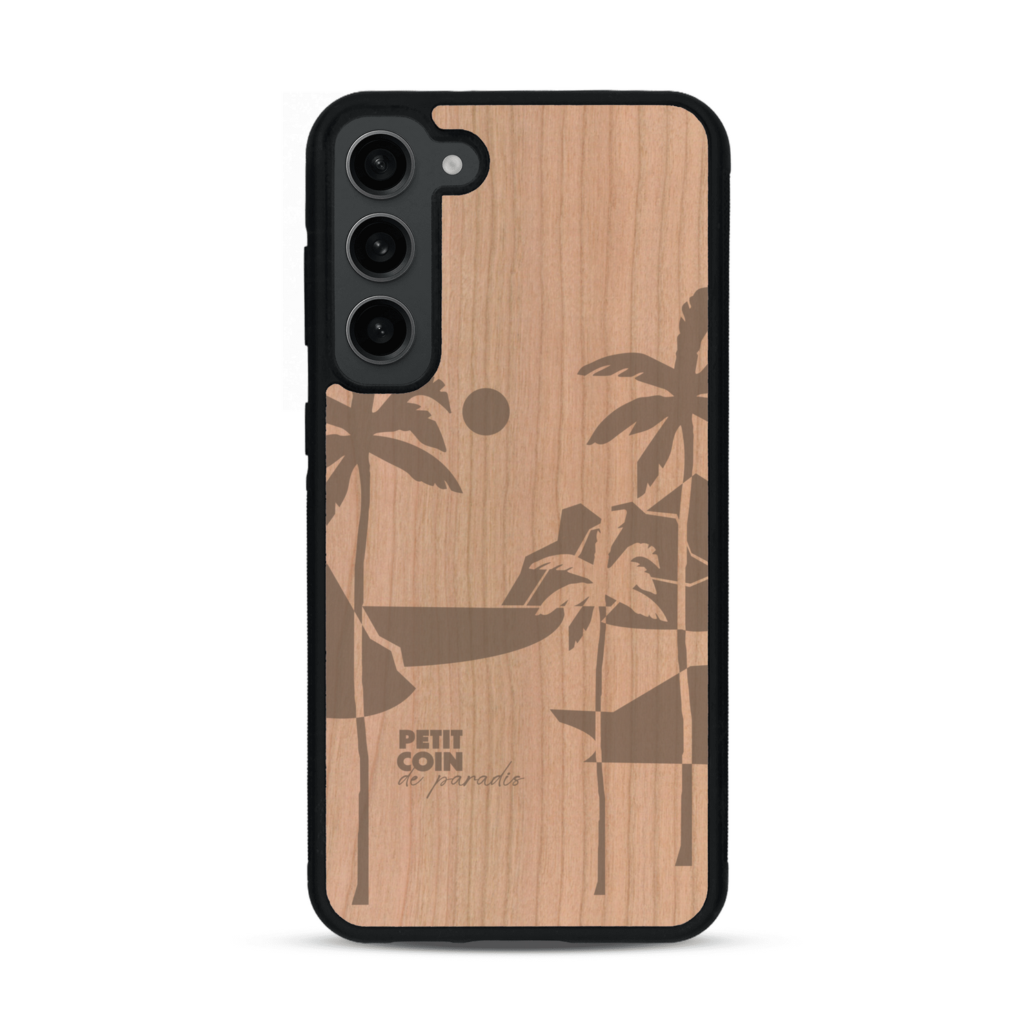 Coque de protection en bois véritable fabriquée en France pour  sur le thème des voyages en vans, vanlife et chill avec une gravure représentant un van vw combi devant le soleil couchant sur une plage avec des vagues