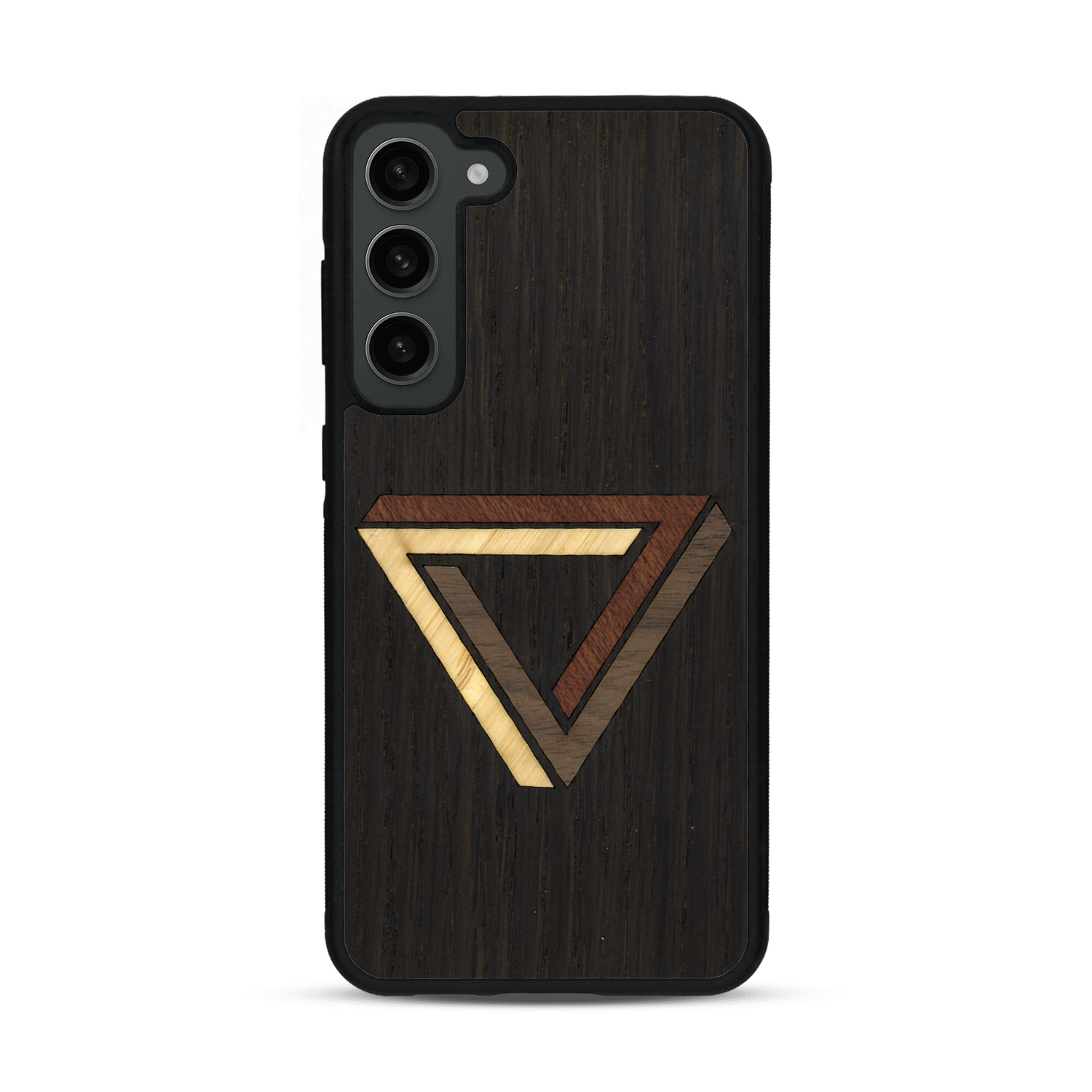 Coque de protection en bois véritable fabriquée en France pour  sur le thème de l'art géométrique qui allie du chêne fumé, du noyer, du bambou et du padouk représentant le triangle de penrose