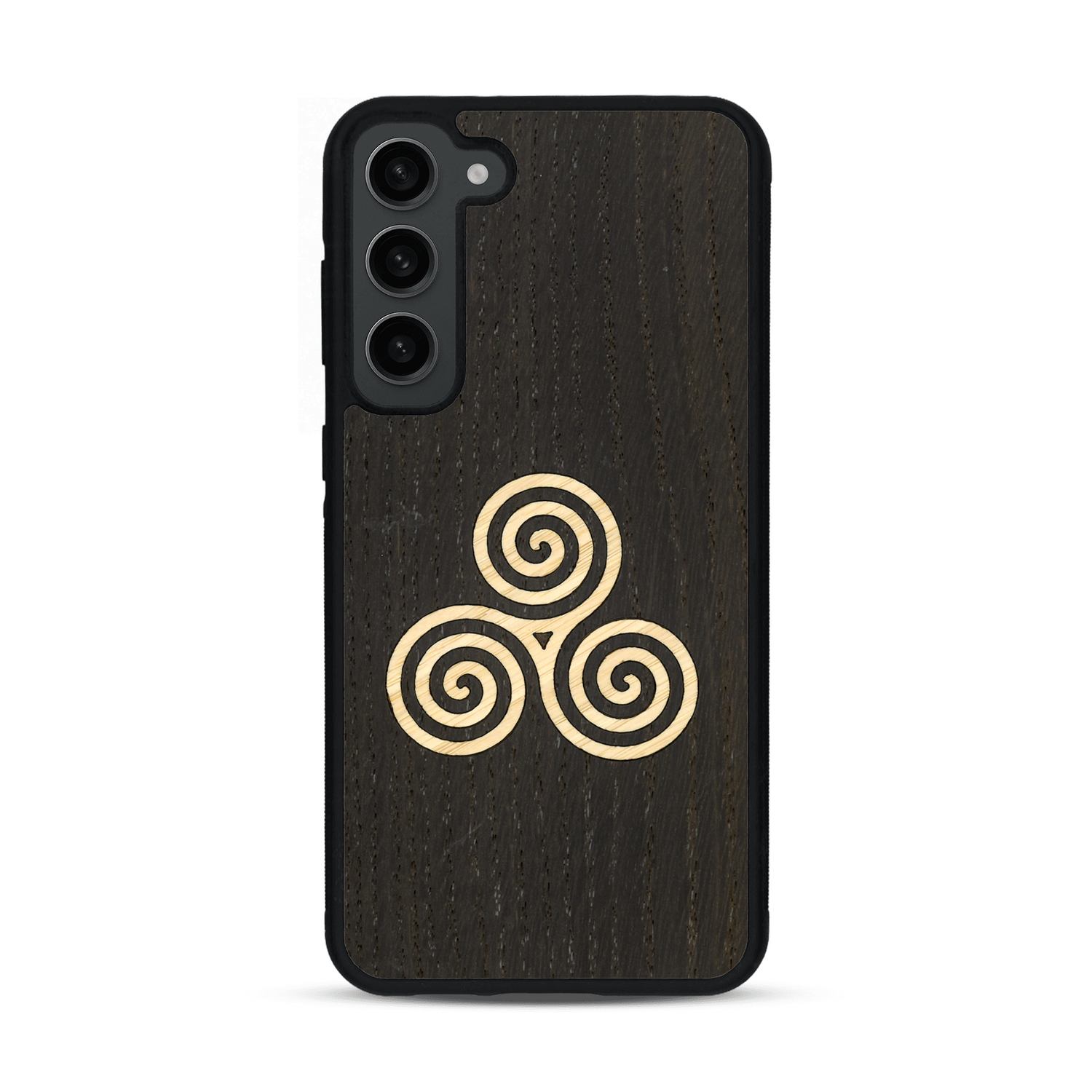 Coque de protection en bois véritable fabriquée en France pour  alliant du chêne fumé et du bambou et doré représentant un triskell
