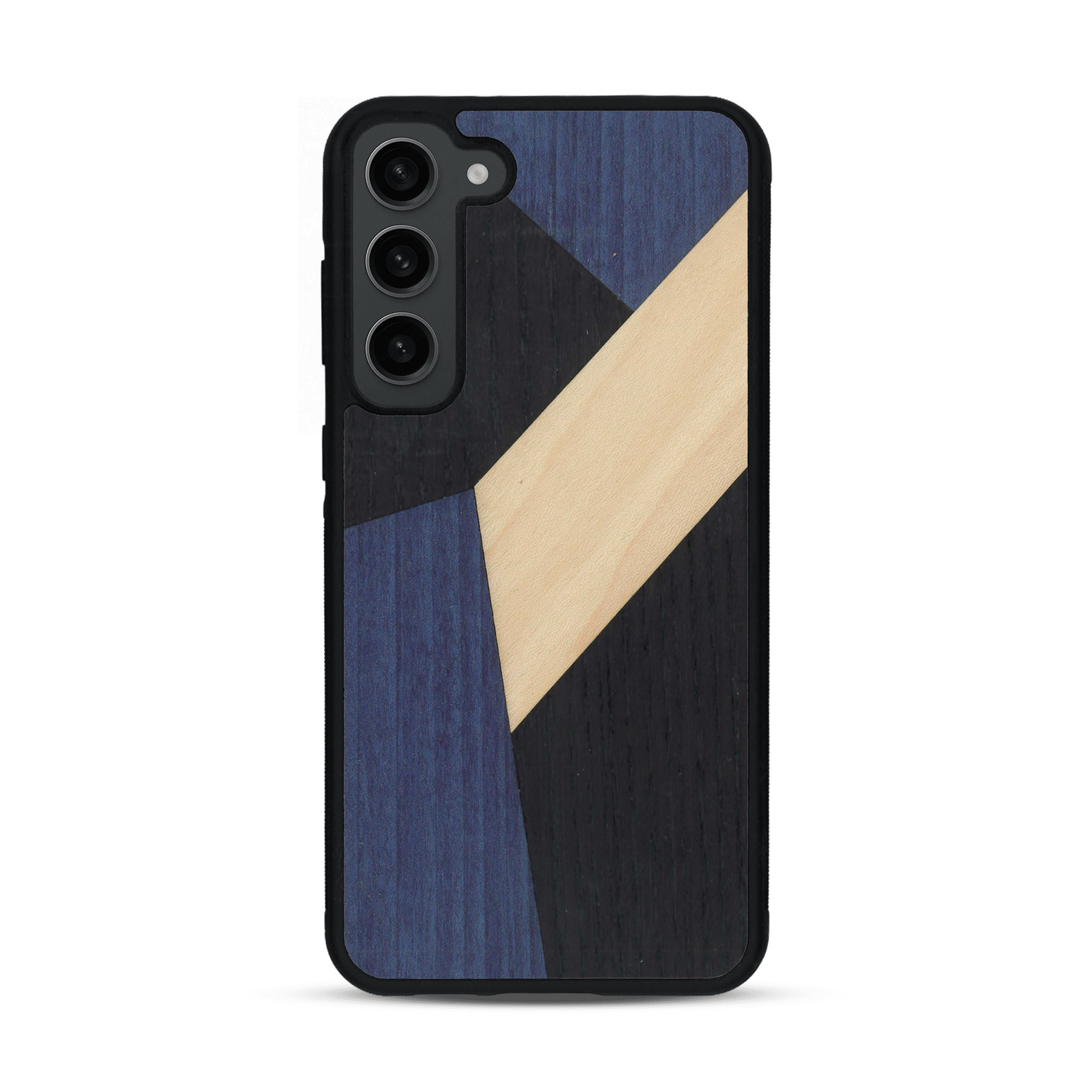 Coque de protection en bois véritable fabriquée en France pour  alliant du bambou, du tulipier bleu et noir en forme de mosaïque minimaliste sur le thème de l'art abstrait