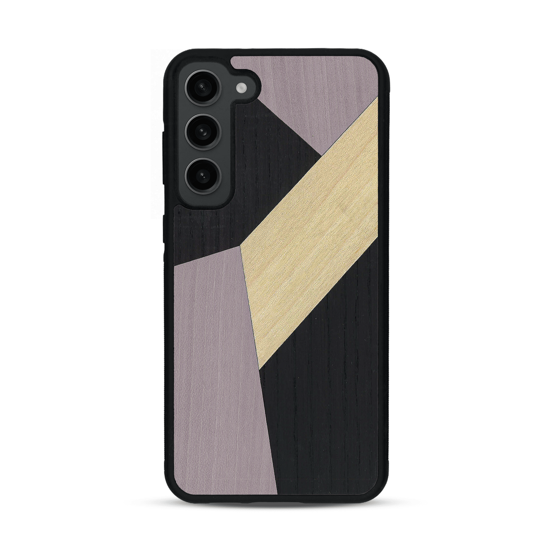 Coque de protection en bois véritable fabriquée en France pour  alliant du bambou, du tulipier mauve et noir en forme de mosaïque minimaliste sur le thème de l'art abstrait