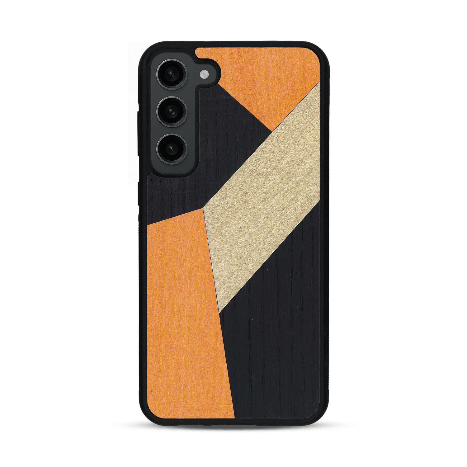 Coque de protection en bois véritable fabriquée en France pour  alliant du bambou, du tulipier orange et noir en forme de mosaïque minimaliste sur le thème de l'art abstrait