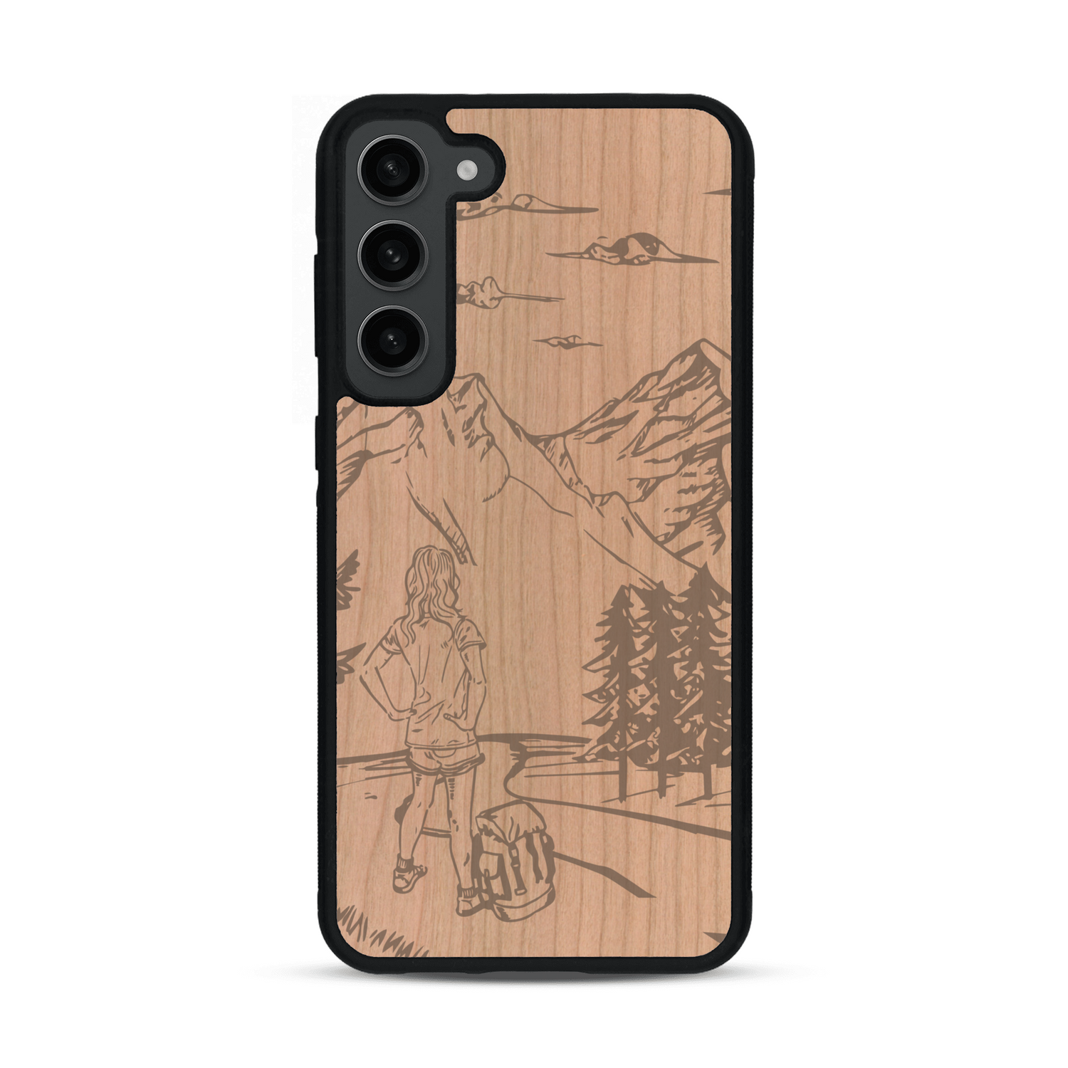 Coque de protection en bois véritable fabriquée en France pour  sur le thème de la randonnée en montagne et de l'aventure avec une gravure représentant une femme de dos face à un paysage de nature