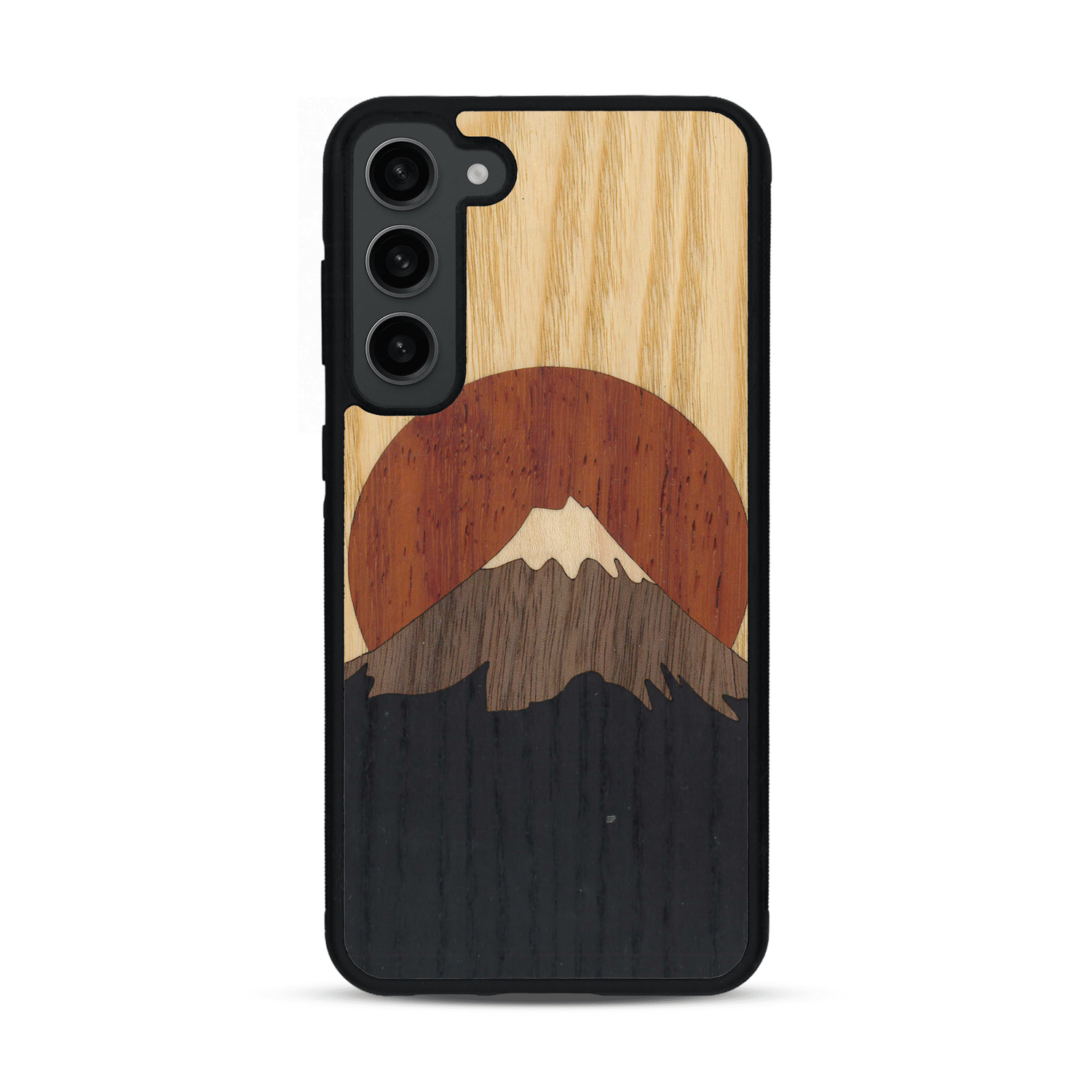 Coque de protection en bois véritable fabriquée en France pour  alliant plusieurs essences de bois pour représenter le mont Fuji
