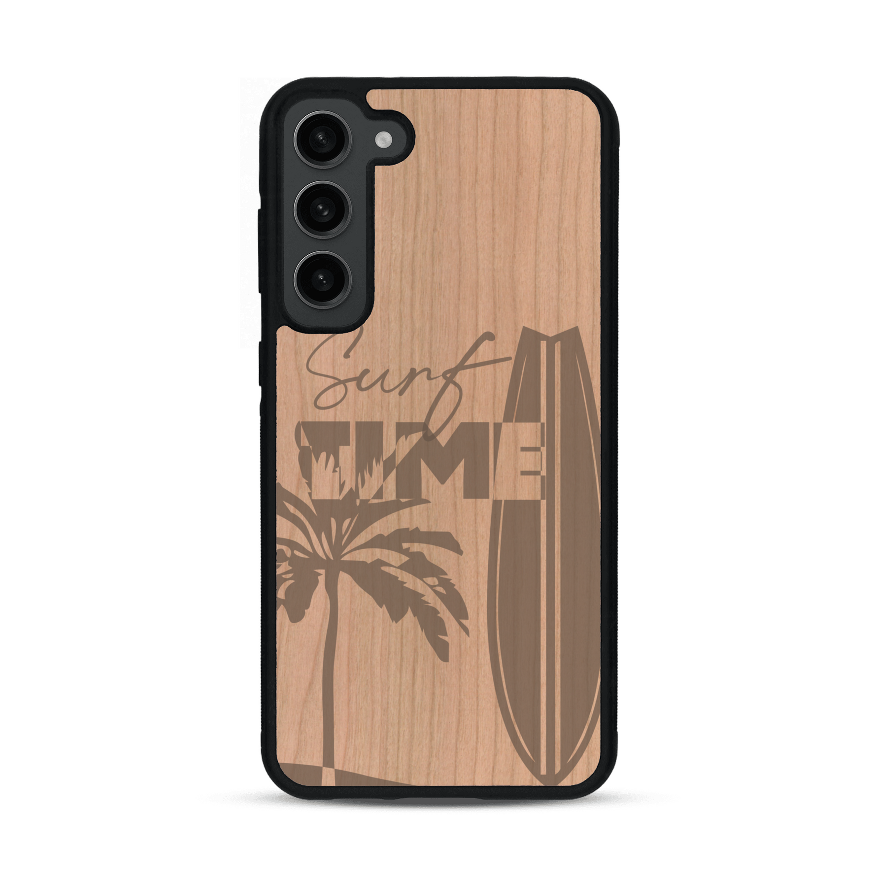 Coque de protection en bois véritable fabriquée en France pour  sur le thème chill avec un motif représentant une silouhette tenant une planche de surf sur une plage entouré de palmiers et les mots "Surf Time Long Beach Miami"