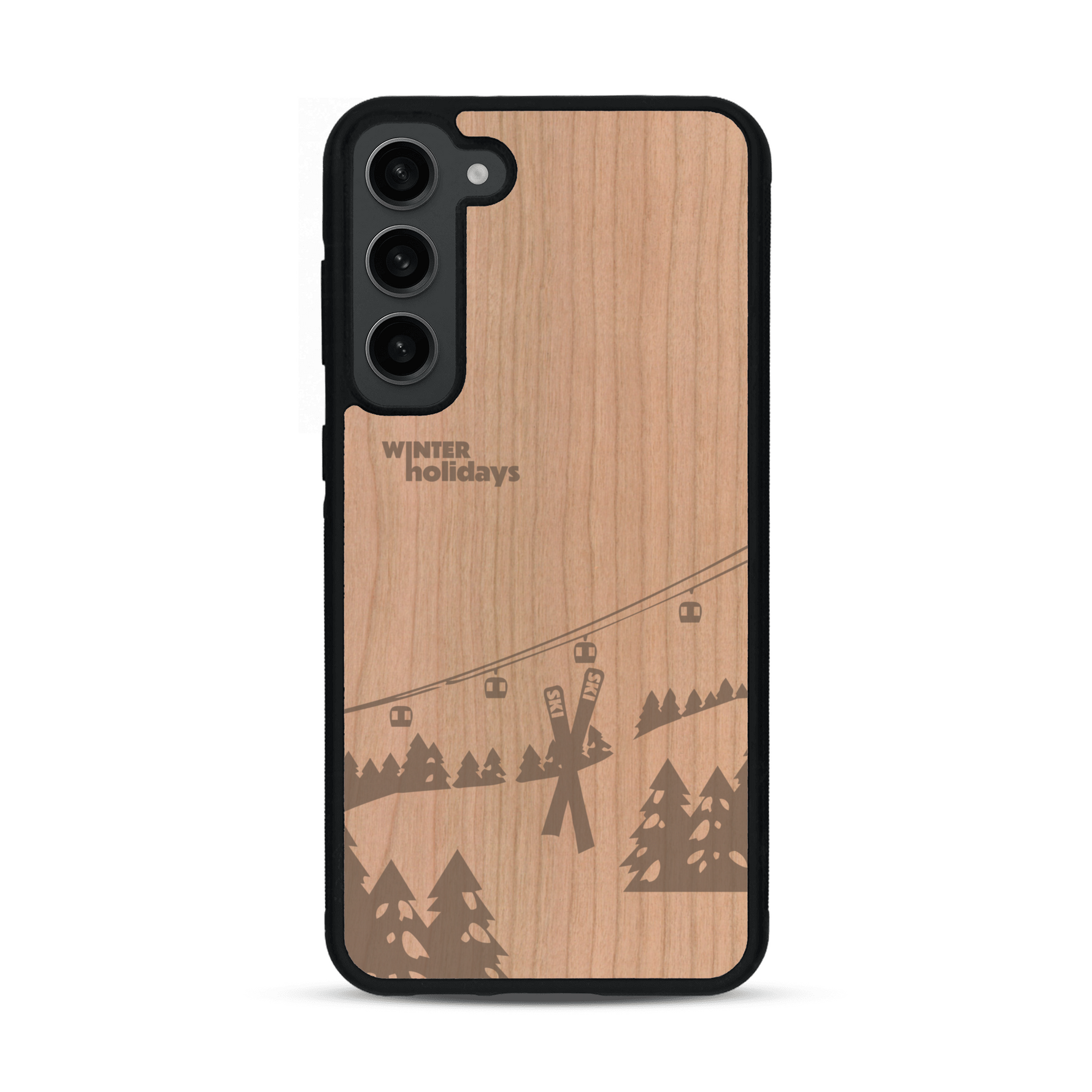 Coque de protection en bois véritable fabriquée en France pour  sur le thème de la montagne, du ski et de la neige avec un motif représentant une paire de ski plantée dans la neige avec en fond des montagnes enneigées