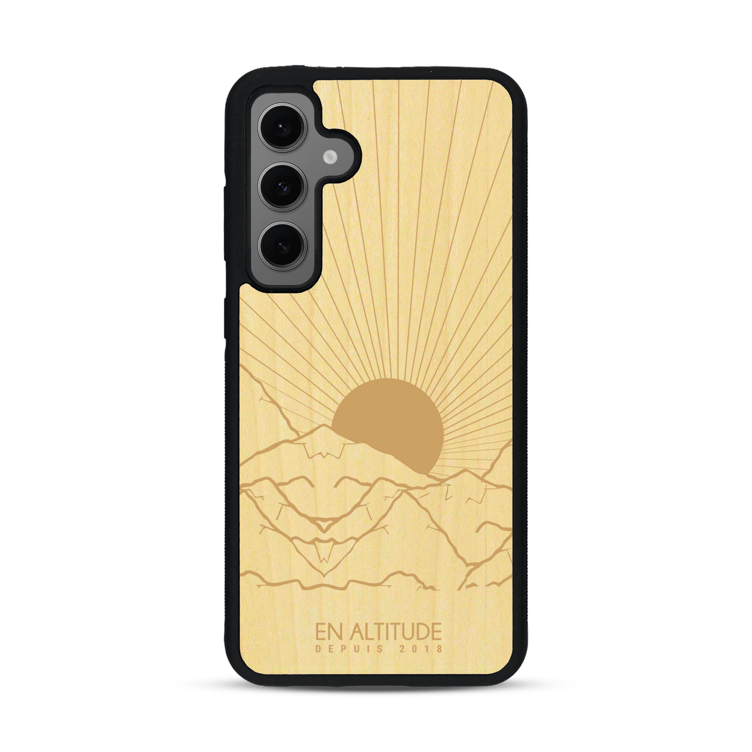 Coque de protection en bois véritable fabriquée en France pour  représentant des montagnes, sur le thème de la randonnée en pleine nature et du trail