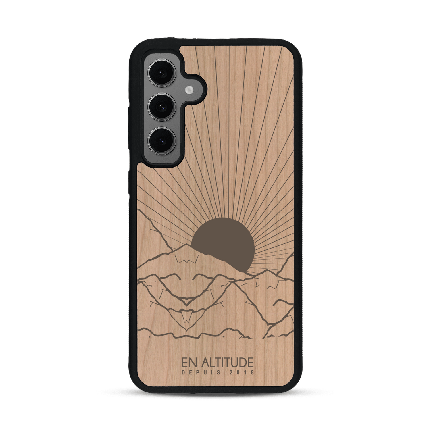 Coque de protection en bois véritable fabriquée en France pour  représentant des montagnes, sur le thème de la randonnée en pleine nature et du trail